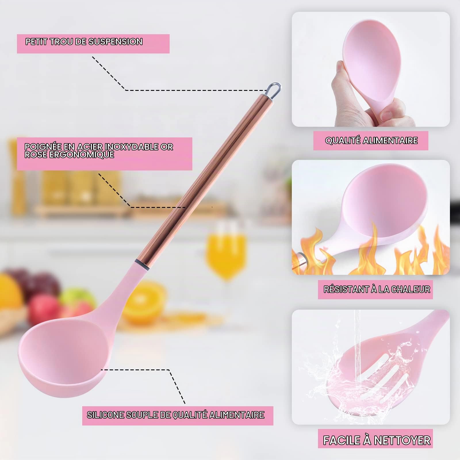 Ensemble D'Ustensiles De Cuisine, 22 Kit Ustensiles De Cuisine En Silicone Pour Set D'Accessoires De Cuisine, Spatules RéSistantes à La Chaleur, Support En Acier Inoxydable De Cuisine (Rose)