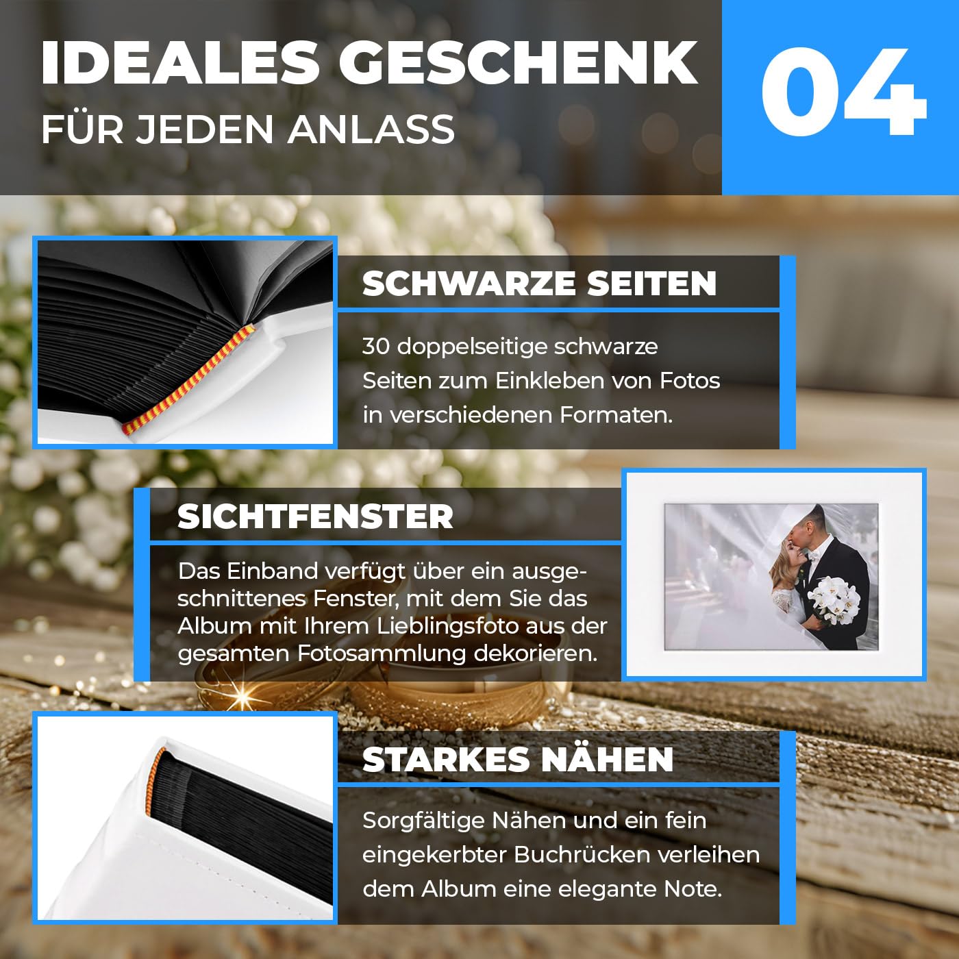 Maverton Fotoalbum zum Selbstgestalten mit Bildausschnitt mit Aufdruck - für 240 Fotos 10x15-60 schwarze Seiten - Größe 33x30cm - Weiß - personalisierte Geschenke zum Jubiläum - Hochzeitsgeschenk