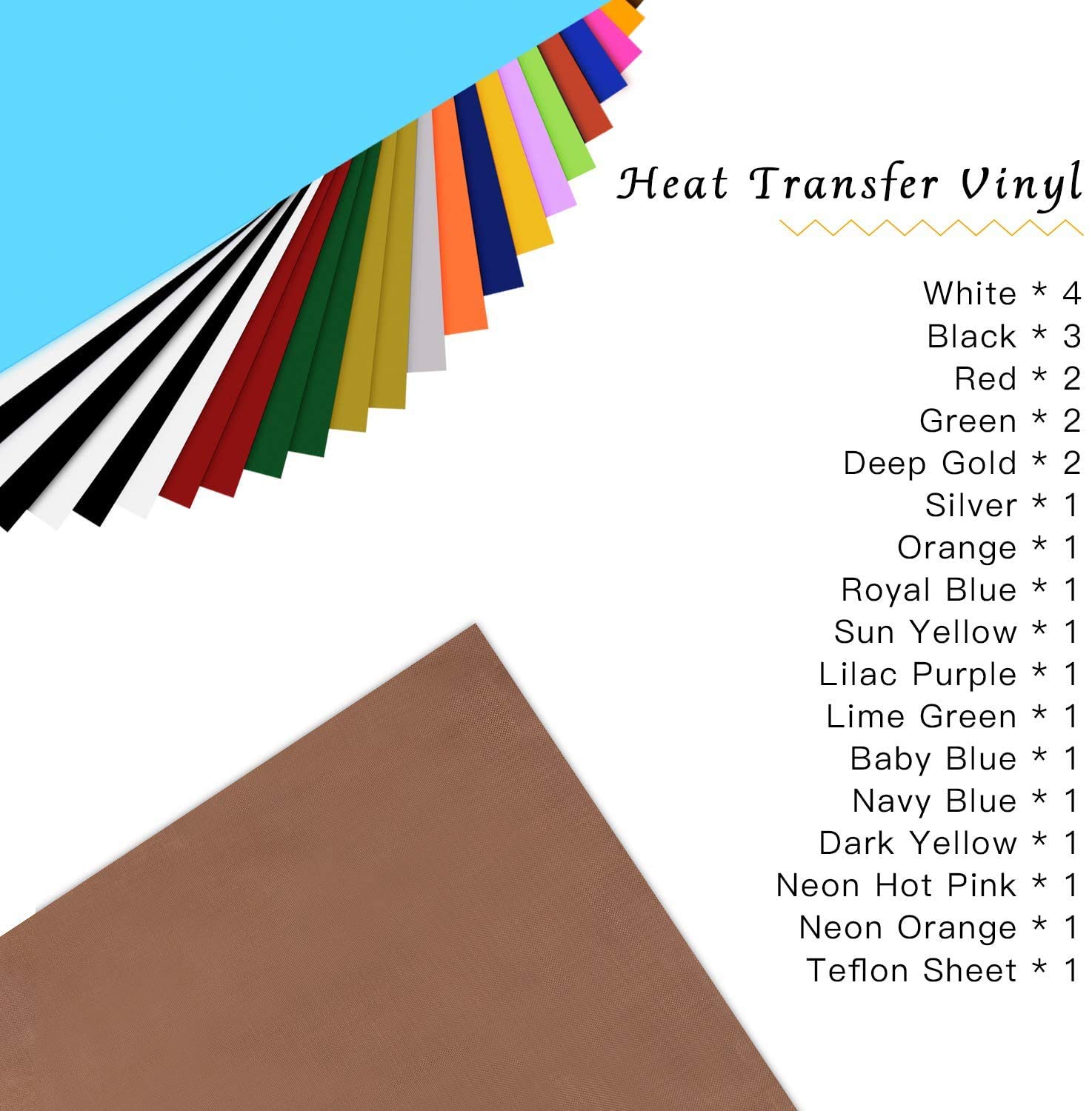 HTVRONT Heat Transfer Vinyl Bundle - 25 Pack 12"x10" Assorted Colors HTV Vinyl Sheets for T-Shirts - Iron on Vinyl Bundle with One Weeding Tool and Teflon Sheet