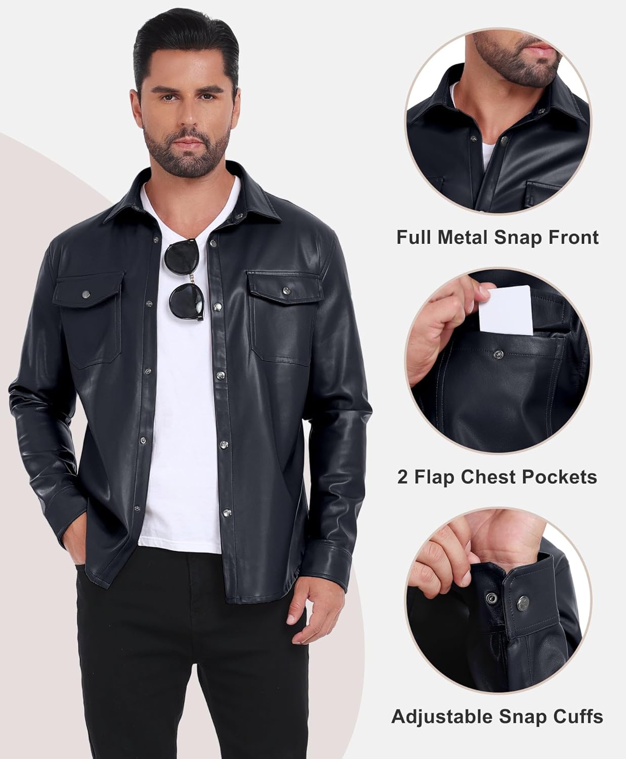Little Donkey Andy Men's Faux Leather Jacket, Slim Fit Stretch Classic Windbreak Jacket Lapel Collar Button Down Microfleece
