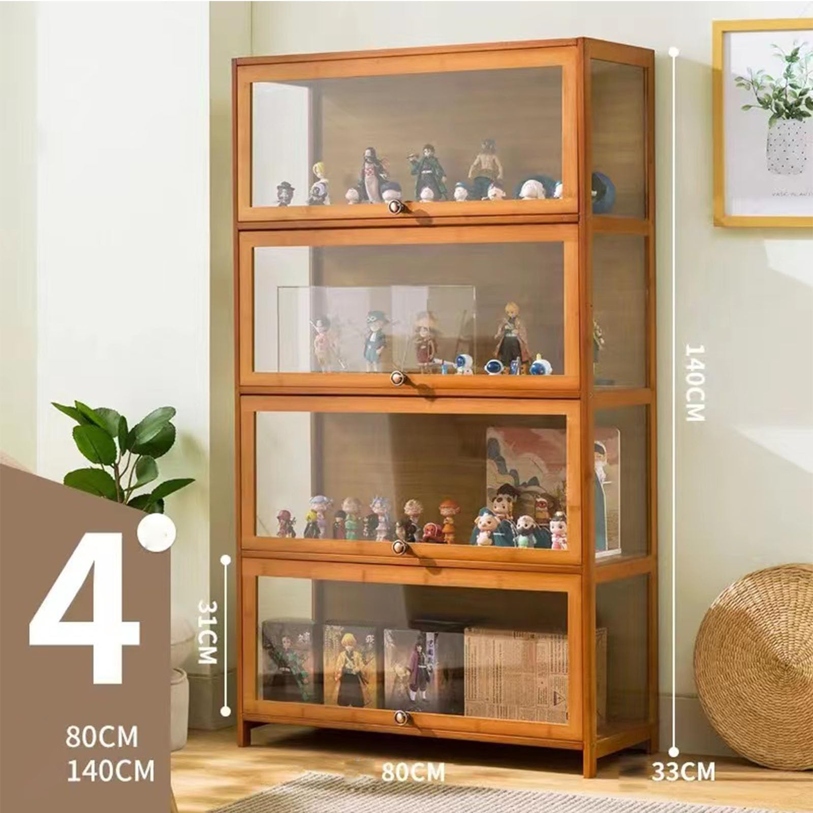 Sammlung Vitrine, natürlicher Bambus Rahmen, Acryl Sammlung Vitrine, staubdicht, passend für Haus und Büro Gebrauch (4-floors-80cm, Wood Color)