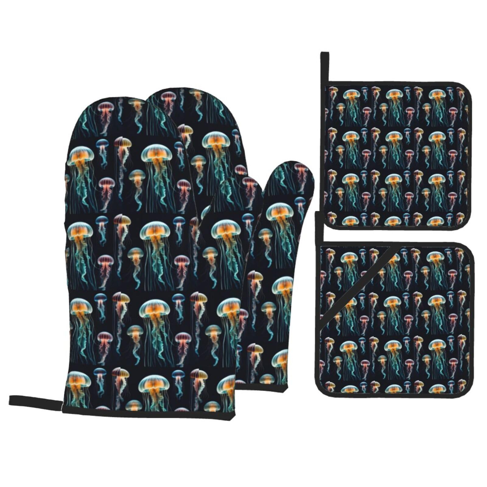 Jellyfish ocean Print 4-Piece Oven Microwaving Set Kitchen Gloves for Holiday Cooking Baking Grilling