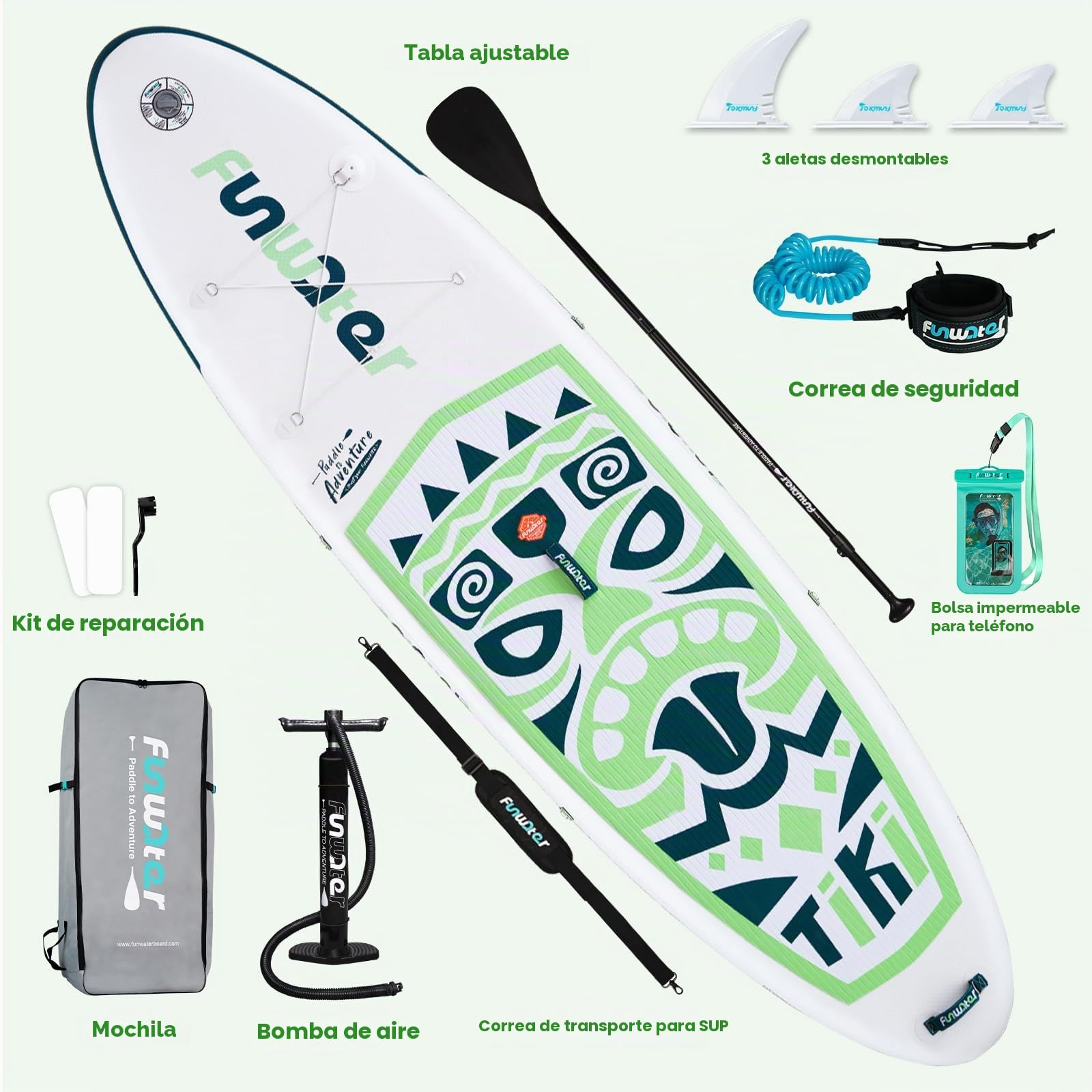 FunWater Tabla de Surf Hinchable de pie para Tabla de Surf Sup, Accesorios de Remo Ajustable, Bomba, Mochila de Viaje ISUP, Correa, Bolsa Impermeable, Tabla de Paddle para Adultos