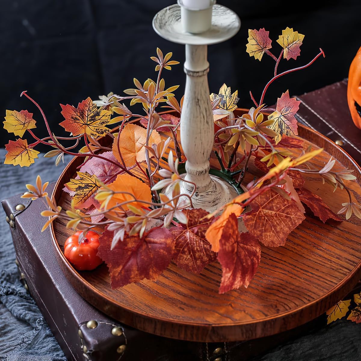 Fall Maple Leaf Candle Wreath Candlestick Decoration Artificial Rings Harvest Autumn Festival Home Garland Maple Halloween Party Table Decor