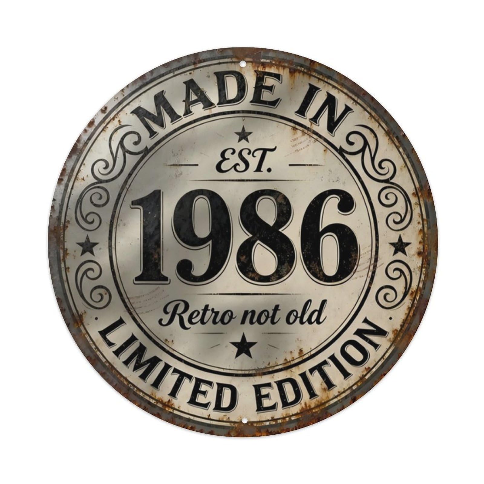 Made In 1986 Retro Limited Edition Rusty Round Sign Vintage Aluminium Metal Sign, Retro Wall Decor for Home, Bar, Garage & Farmhouse 20x20cm