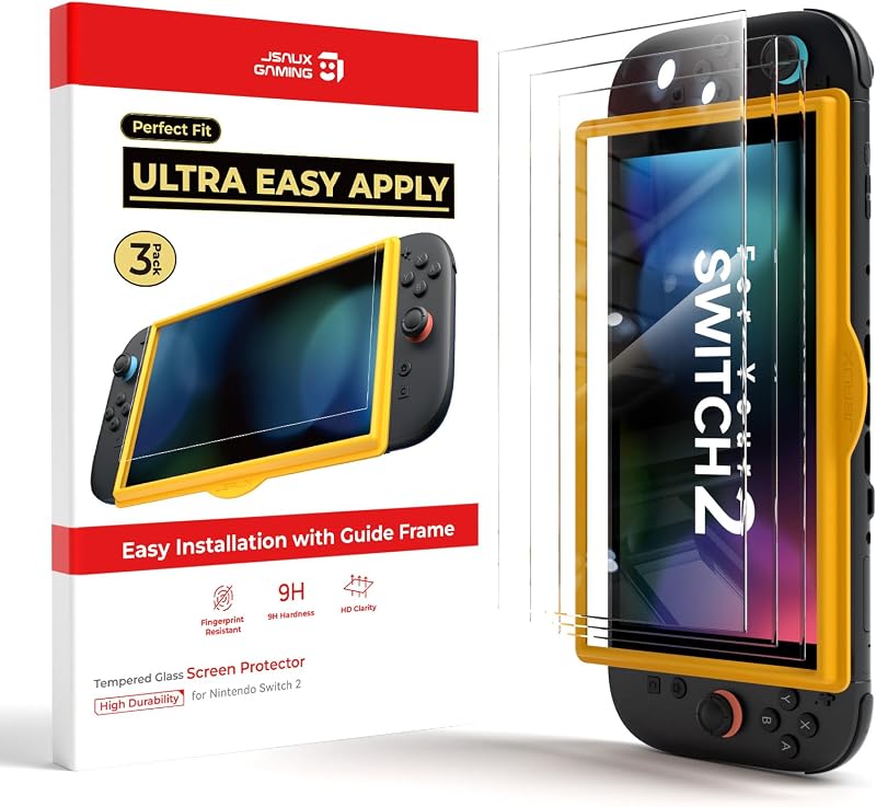 JSAUX Paquete de 3 protectores de pantalla Ultra HD para Nintendo Switch 2 | con Marco Guía, Fácil de Instalar, 99,99% de Claridad, Cobertura de Pantalla Completa, Vidrio 9H, Antihuellas, Resistente a Rayones