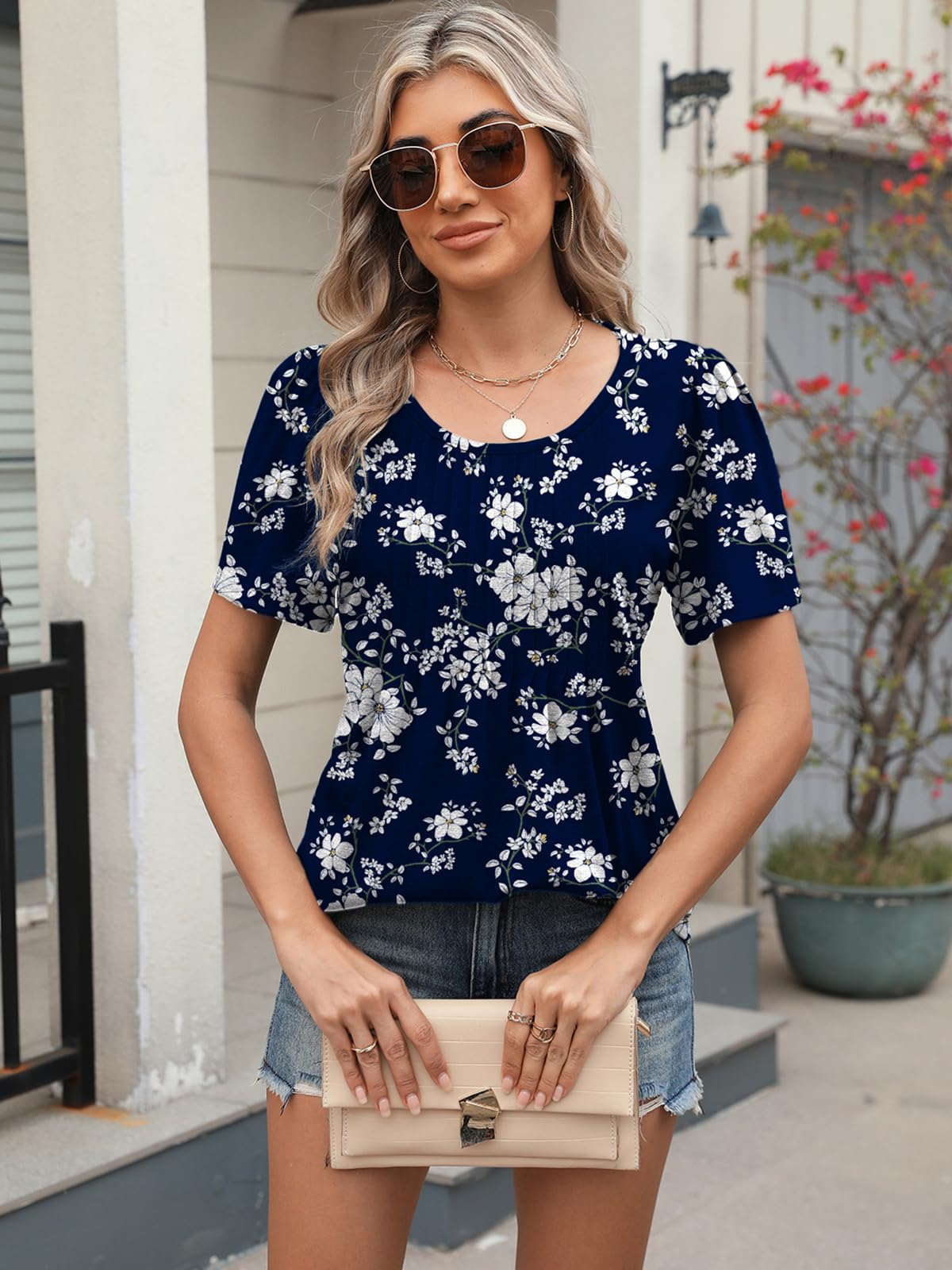 Chemisier Femme Manches Courtes Imprimé Fleuri - Blouse Fleurie Col Rond et Tunique Chic pour Été | Haut Femme Fluide pour Campus et Bureau