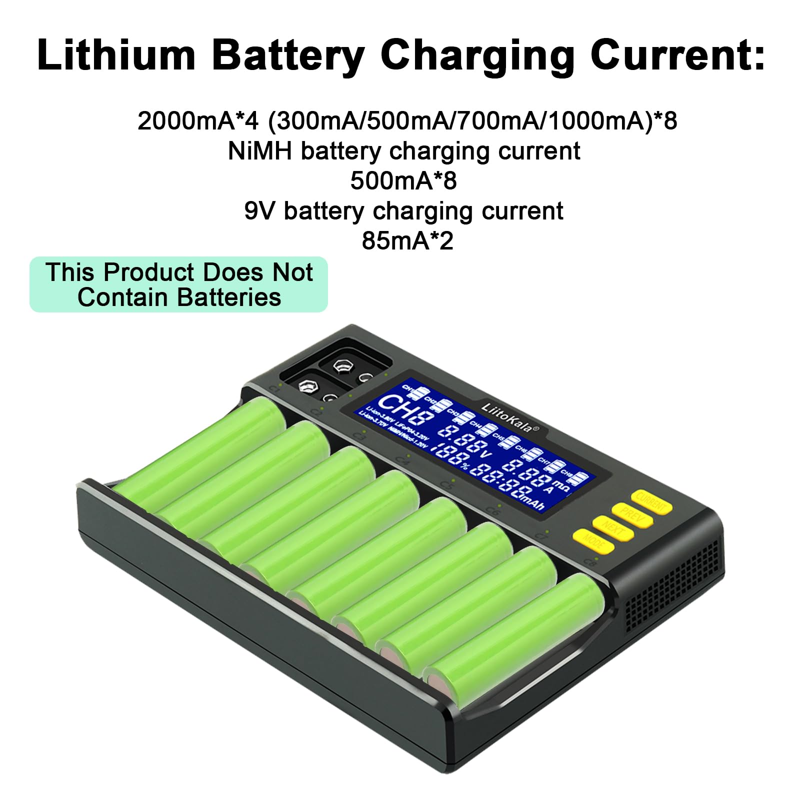 Ładowarka baterii 18650 Glaxcidy LiitoKala Lii-S8 inteligentna ładowarka z wyświetlaczem LCD do baterii 26650 21700 17500 14500 Li-ion (4,2 V)/IMR (4,35 V)/LiFePO4, AA AAA Ni-MH/CD, adapter 12 V DC, 8