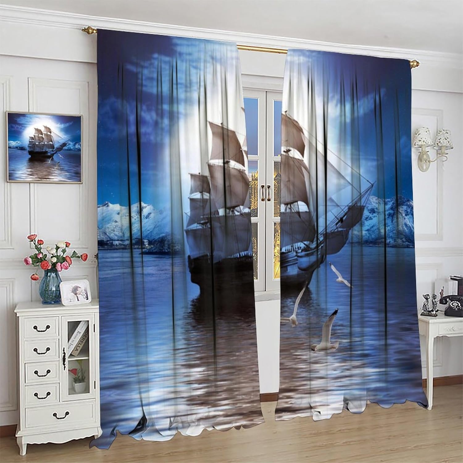 Brebasf Vintage Arctic Nautical Sailing Ship Blackout Curtains Watercolor Norse Pirate Ship Ocean Seagulls Window&Drapes Thermal Insulated Darkening Rod Pocket Curtains 2 Panels 84" L x 42" W