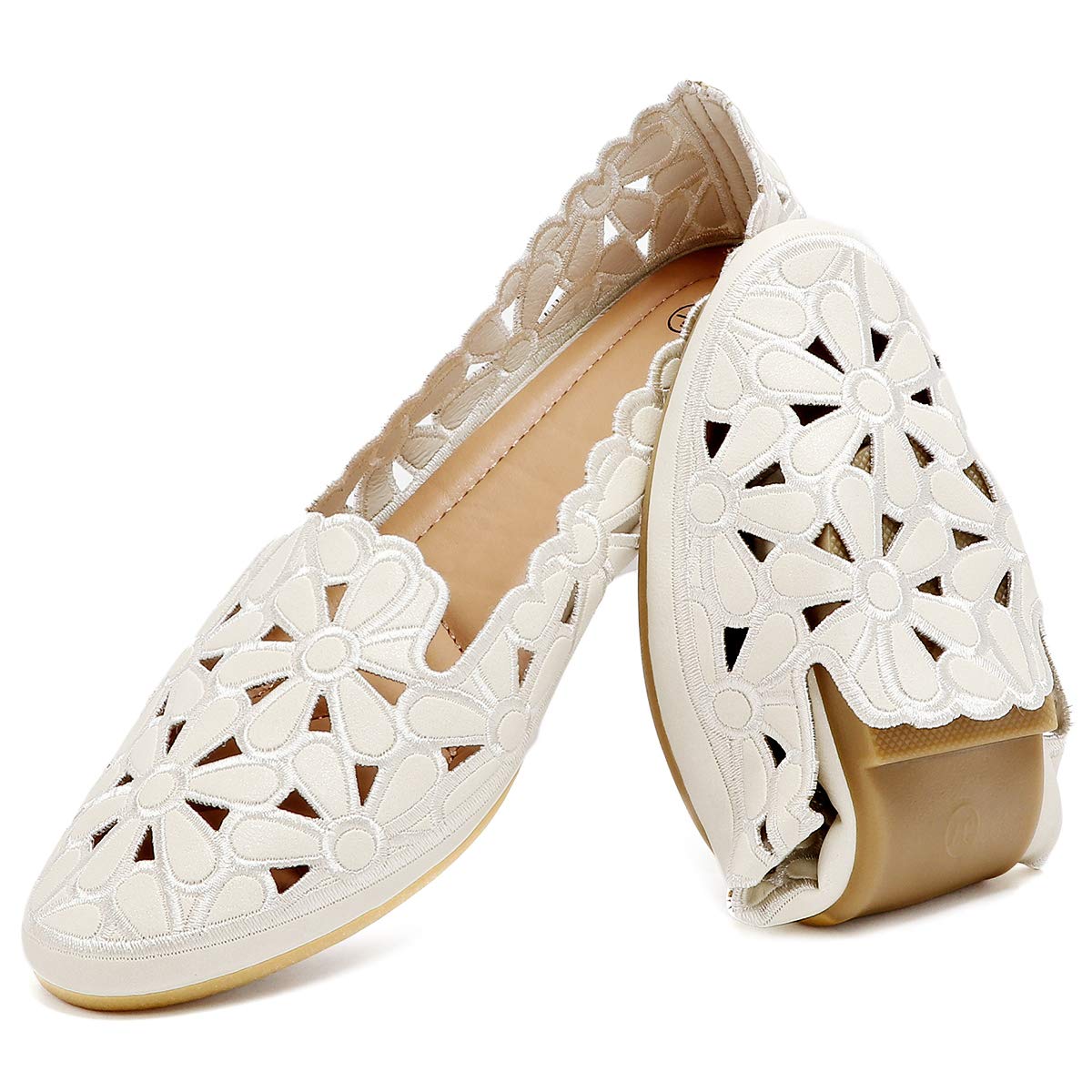 HEAWISHWomen's Floral Ballet Flats for Women Black Beige Slip On Flowers PU Leather Round Toe Dress Shoes