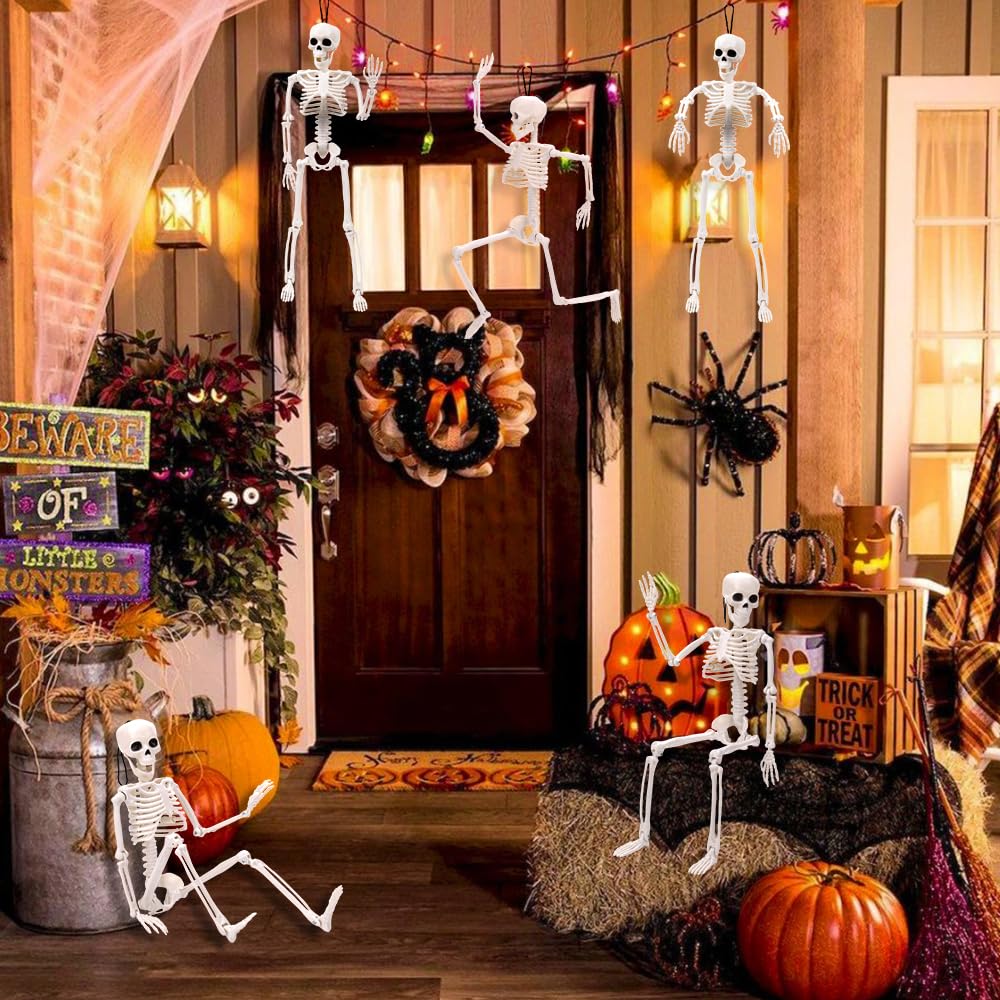 XIMISHOP 5 esqueletos colgantes de Halloween, 16 pulgadas, decoración de esqueleto de Halloween con articulaciones móviles para cementerio de Halloween, decoración de casa encantada, interior y