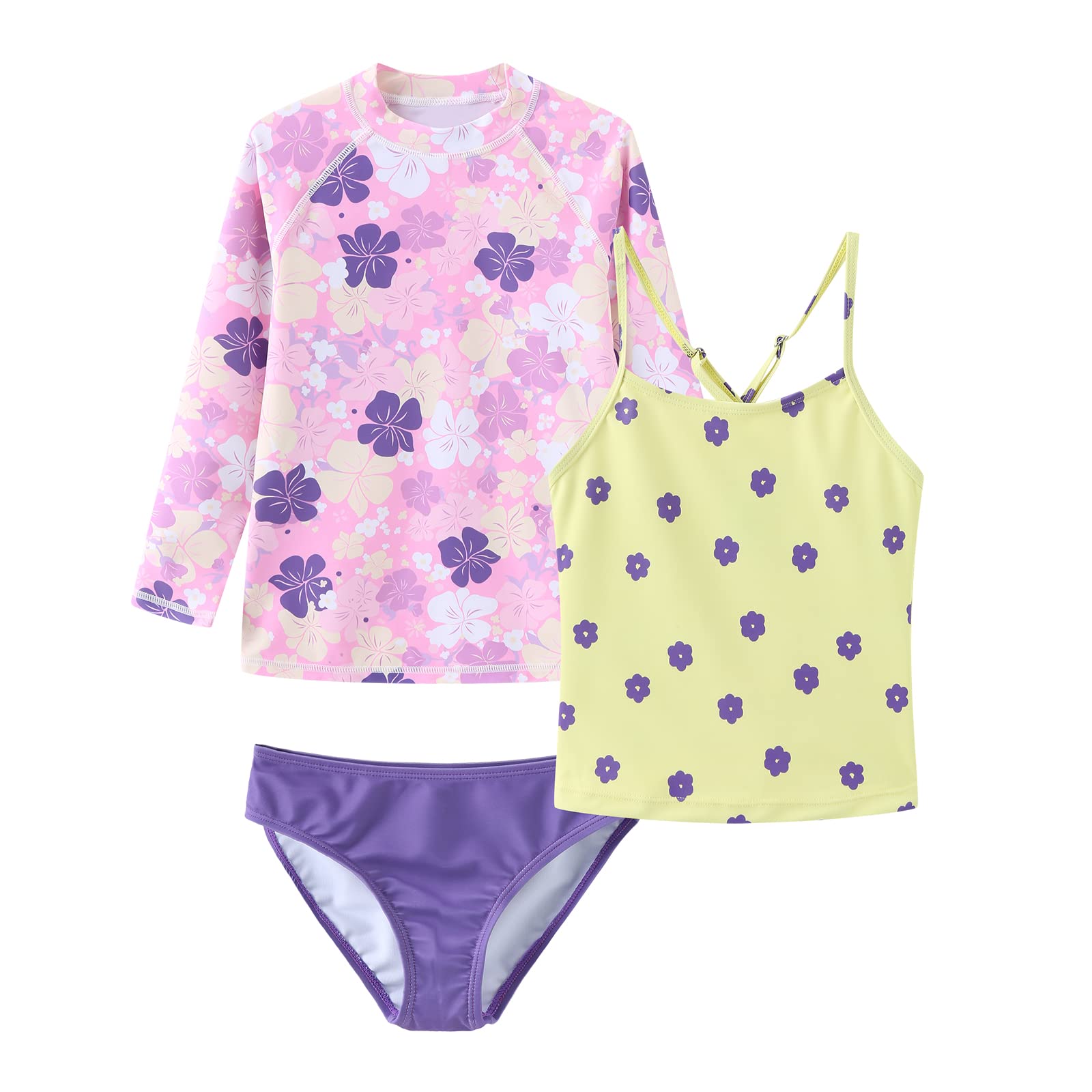 Girls 3 Piece Rash Guard Swimsuits Set Tankini Bathing Suits for Girls Long Sleeve Beach Swimwear 3-16 Years