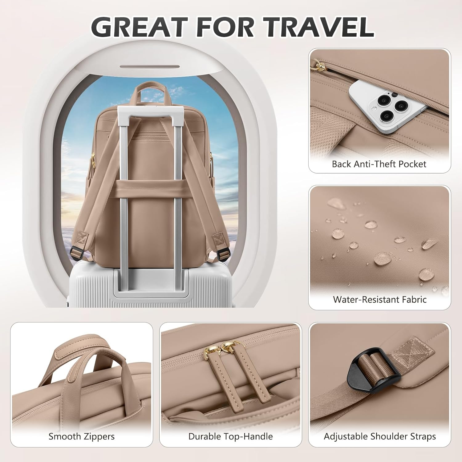 Slim Laptop Backpack for Women, Lightweight Business Backpack for Women Computer Bag Purse for Commuting, Fit 14Inch,Champagne Brown - Image 6