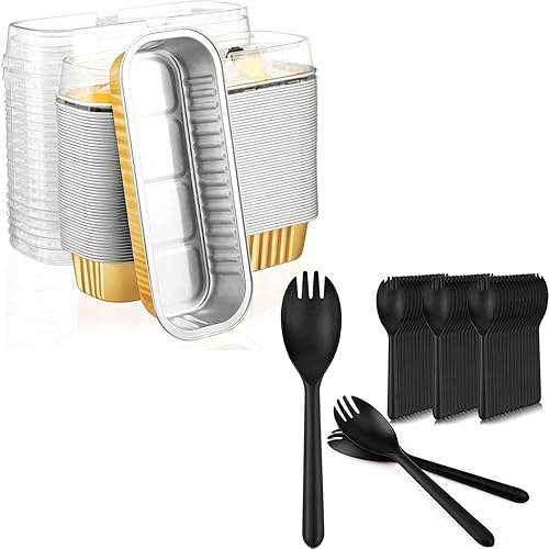 EUSOAR Vasos dorados para hornear con tapas y tenedores de plástico, 6.8 onzas, 50 forros reutilizables para cupcakes desechables, 50 tenedores