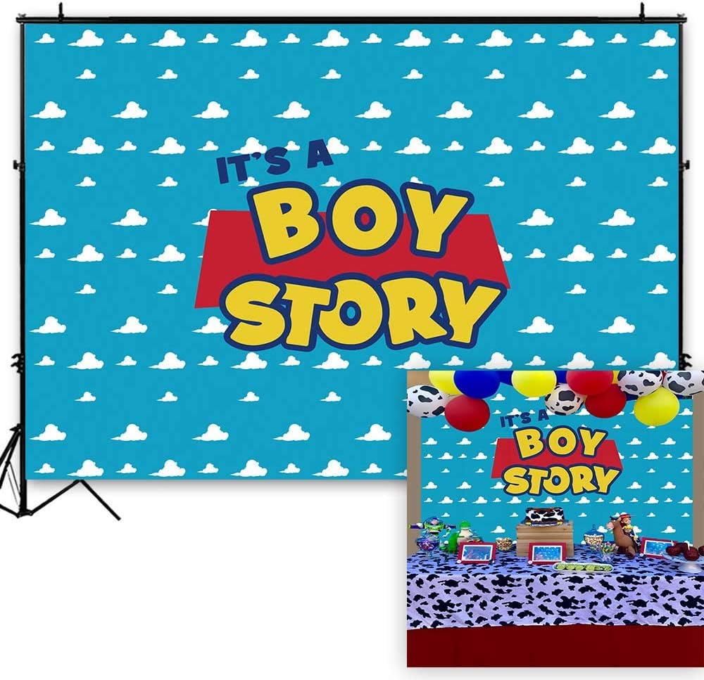Funnytree 7x5ft It's a Boy Story Backdrop Blue Sky White Clouds Cartoon Kids Birthday Party Boy Baby Shower Background Step and Repeat Dessert Table Banner Photo Studio Photography Props