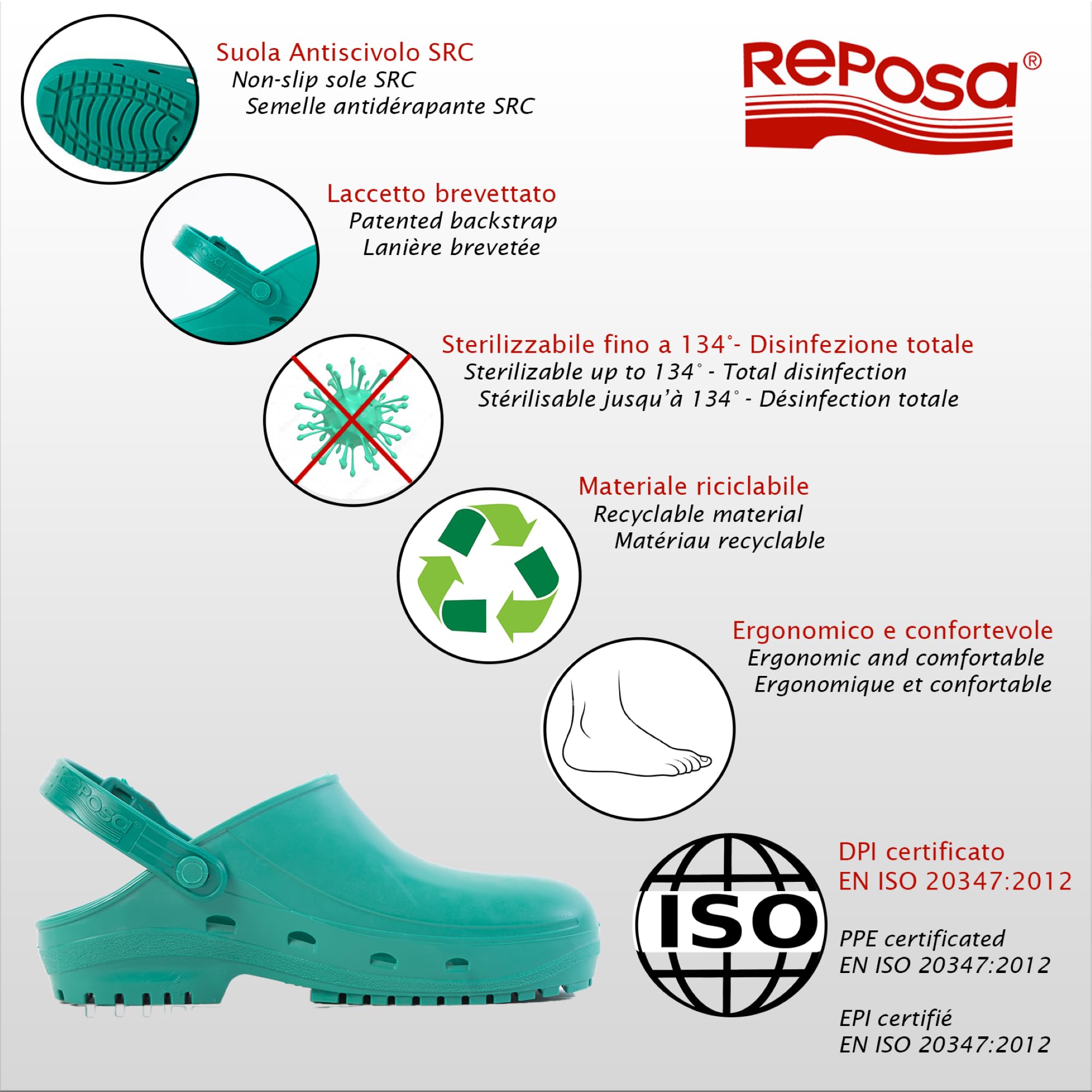 REPOSA Max - Zoccoli Sanitari Donna e Uomo in Gomma con Suola Antiscivolo SRC, Ciabatte Sanitarie Anatomiche con Laccetto Regolabile, Scarpe Sanitarie Sterilizzabili Antishock Traspiranti Leggere - 3