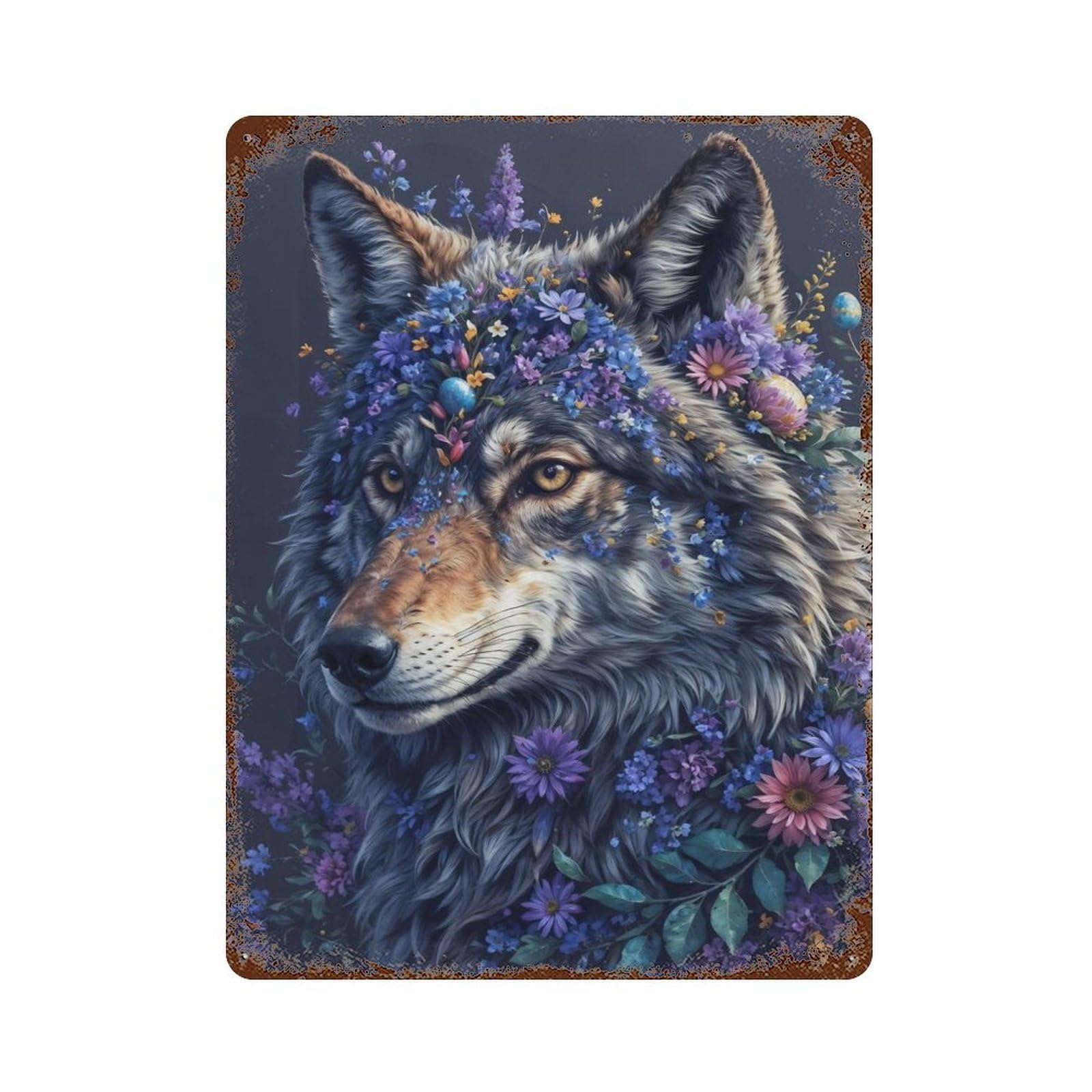 Garage Style Flower Crown Wolf Distressed Metal Wall Sign 15.7"x11.8", Retro Wall Decor for Bar And Workshop