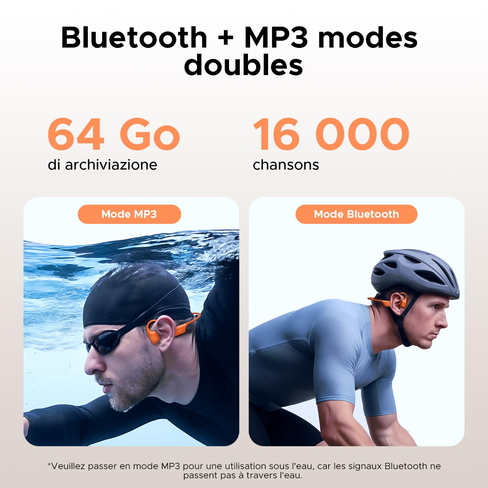 Cuffie a Conduzione Ossea Nuoto, 10H IP68 Impermeabili Sportivi Auricolari Conduzione Ossea 64GB MP3 Bluetooth 5.4 Nuoto, corsa e fitness,Arancione