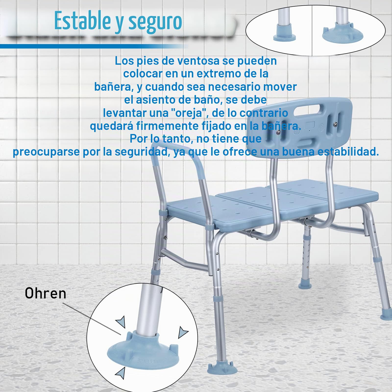 ACXIN Asiento de bañera para personas mayores con asa acolchada, altura regulable, taburete de ducha con respaldo y reposabrazos, antideslizante, hasta 150 kg