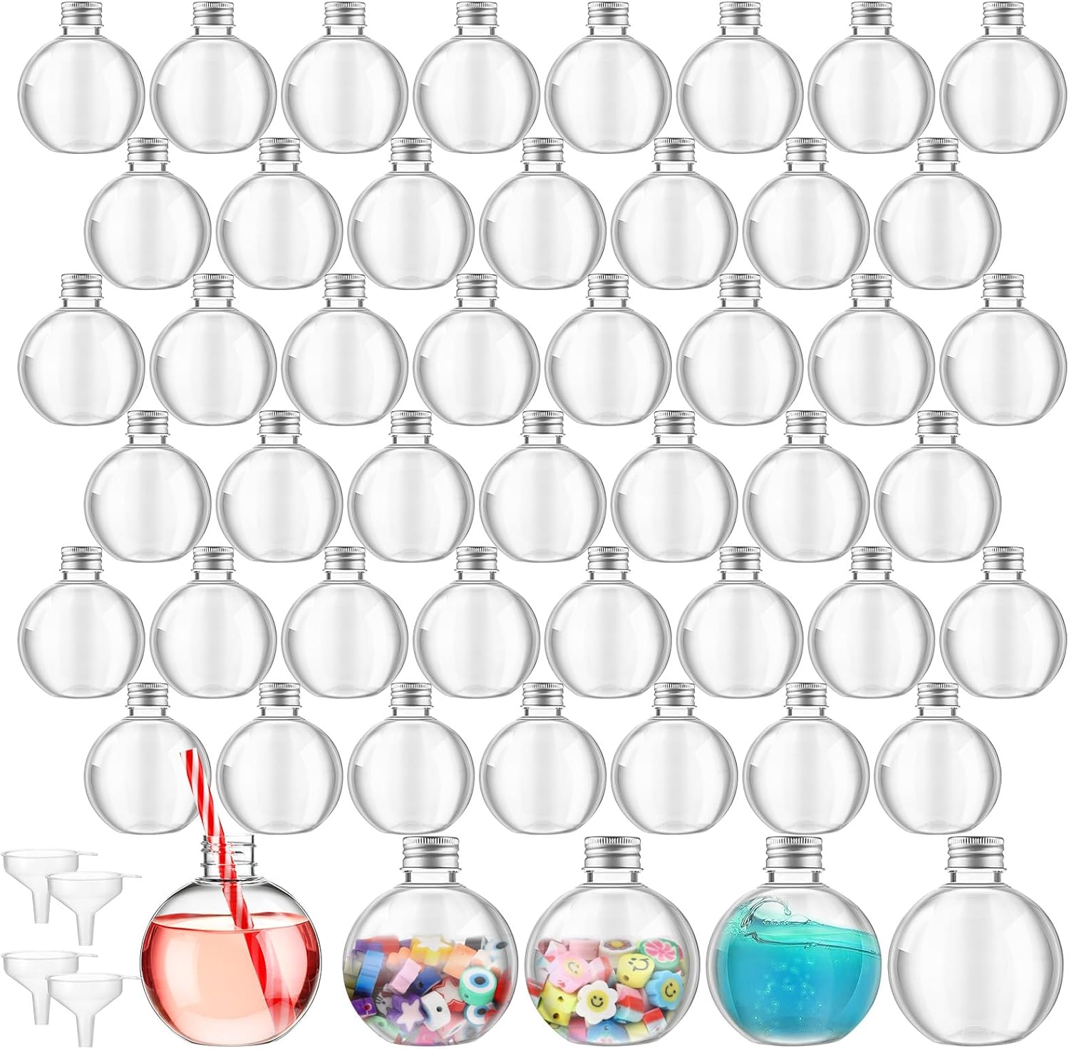 Layhit 50 Pack 6 oz Spherical Plastic Potion Bottles with Corks and Funnels Ball Shape Sand Art Bottles Cocktail Ornament for DIY Wedding Party Gift Crafts Decoration(Wood Color)