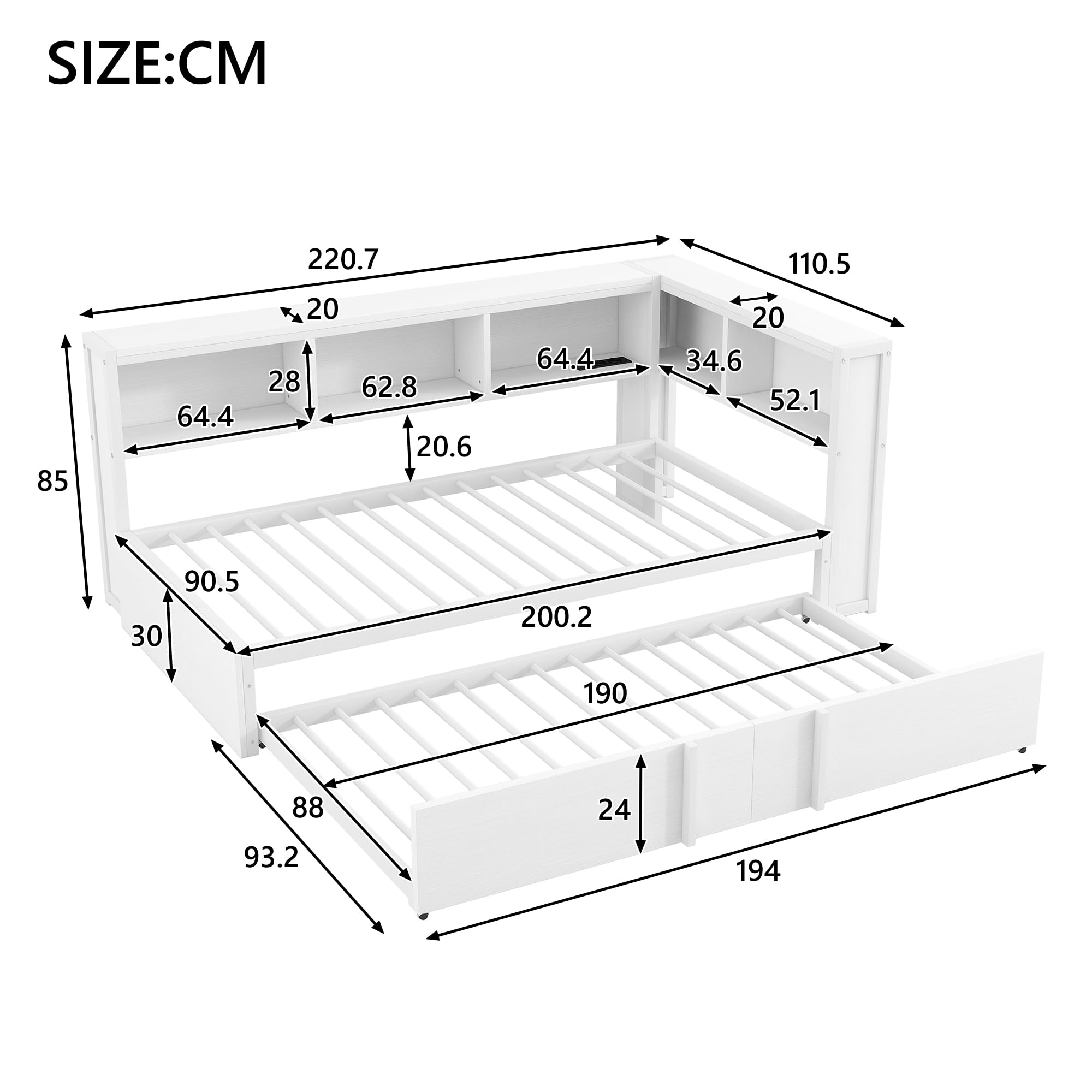 Lexiou Cama de metal de 90 x 200 cm con cama nido, armarios de almacenamiento, iluminación LED y puertos USB (blanco)
