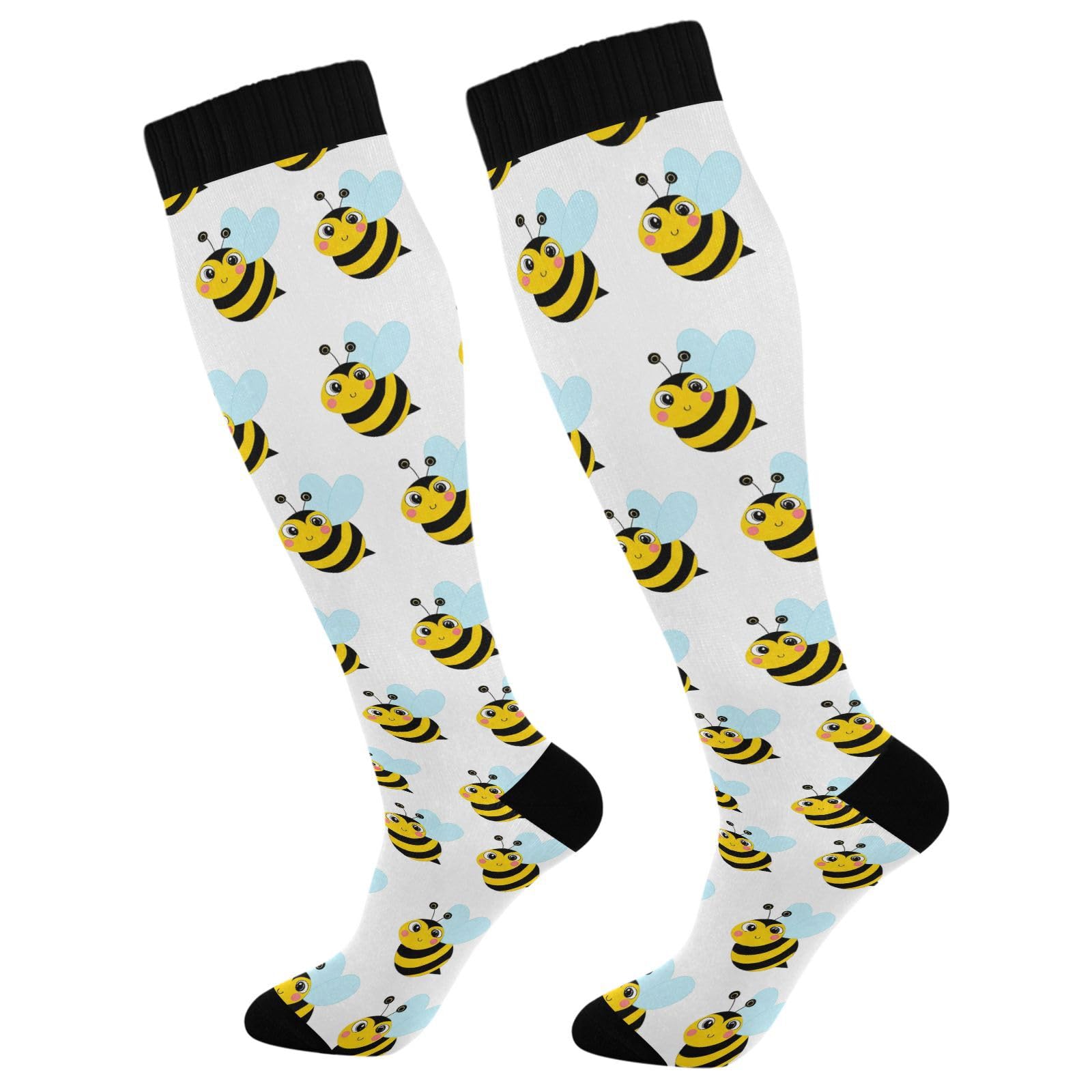 Wassud Cute Bee Compression Socks for Women and Men 20-30 mmHg Knee High Socks for Nurses Travel Socks 2 Pair