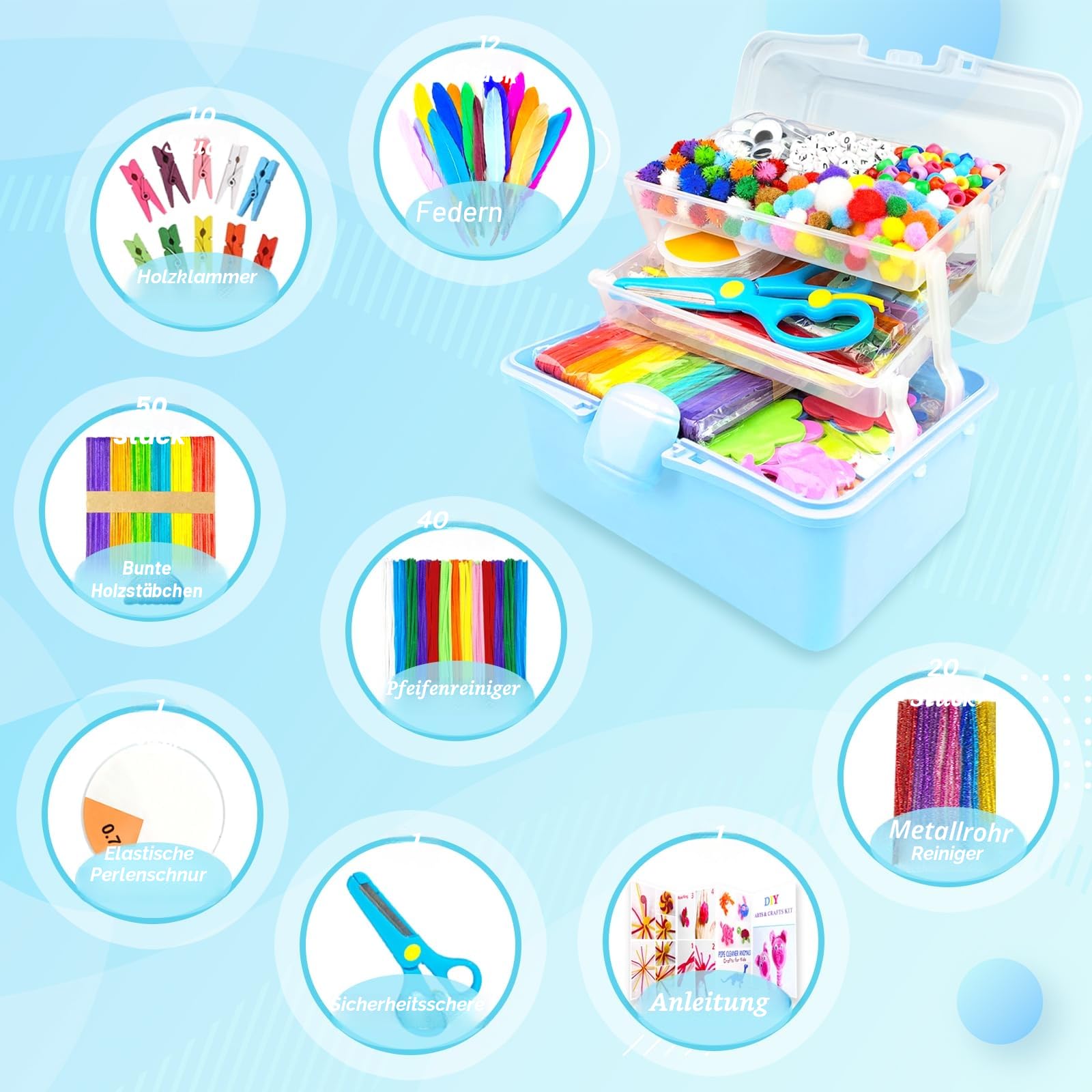 3000 Bastelset Kinder Basteln Bastelkoffer mit Pfeifenreiniger Bastelsets für Kinder im Alter von 4-6, 6-8, 8-12 DIY Schulbedarf Material Bastelbox Set Spielzeug Geschenke für Mädchen Jungen, Blau