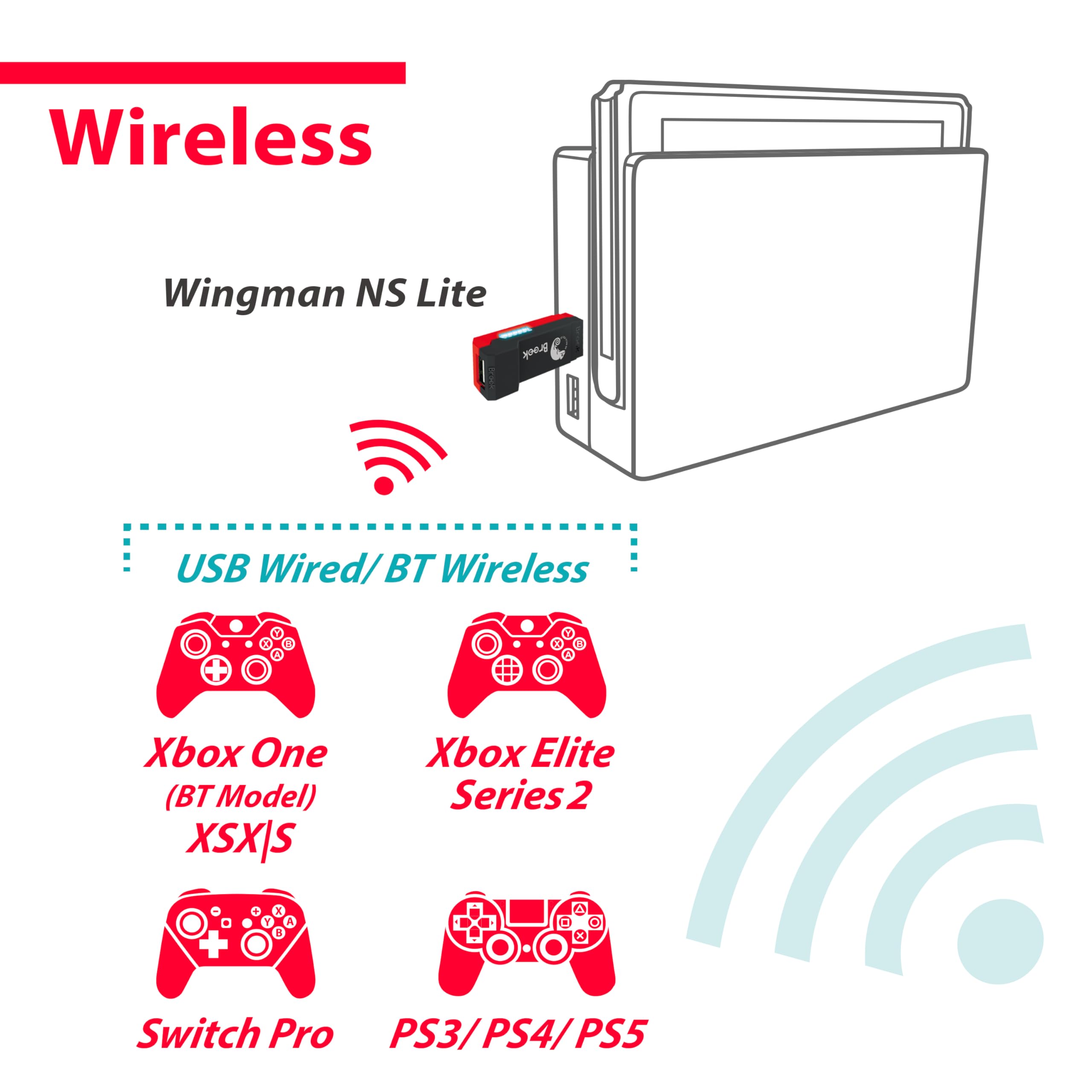 Brook Wingman NS Lite Converter - Adaptador de controlador inalámbrico para NS, Consolas de Switch y PC, compatible con Remap, Marco y Turbo ajustable