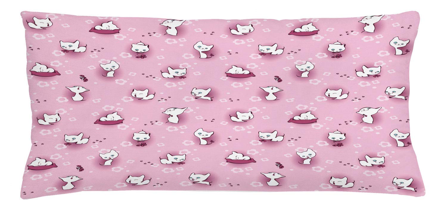 Lunarable Cats Throw Pillow Cushion Cover, Playful Kittens in Flowers with Butterflies Cat Kitty Meow Animals Girls, Decorative Square Accent Pillow Case, 36