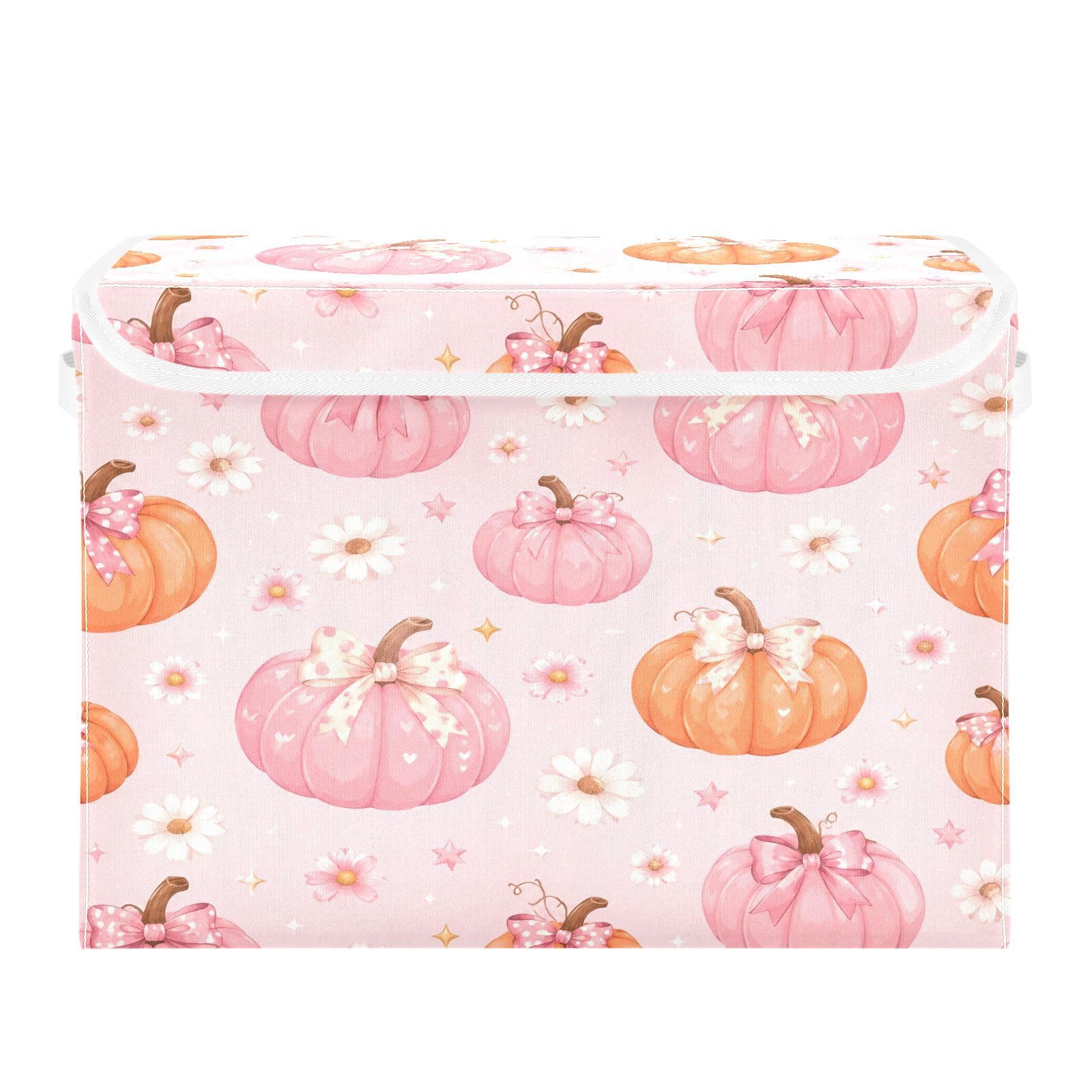 Ewusp Halloween Pumpkins Fabric Storage Bin with Lid, Decorative Foldable Storage Basket with Handles, Stackable Closet Shelf Organiser Box for Clothes, Books, Bedroom, Living Room