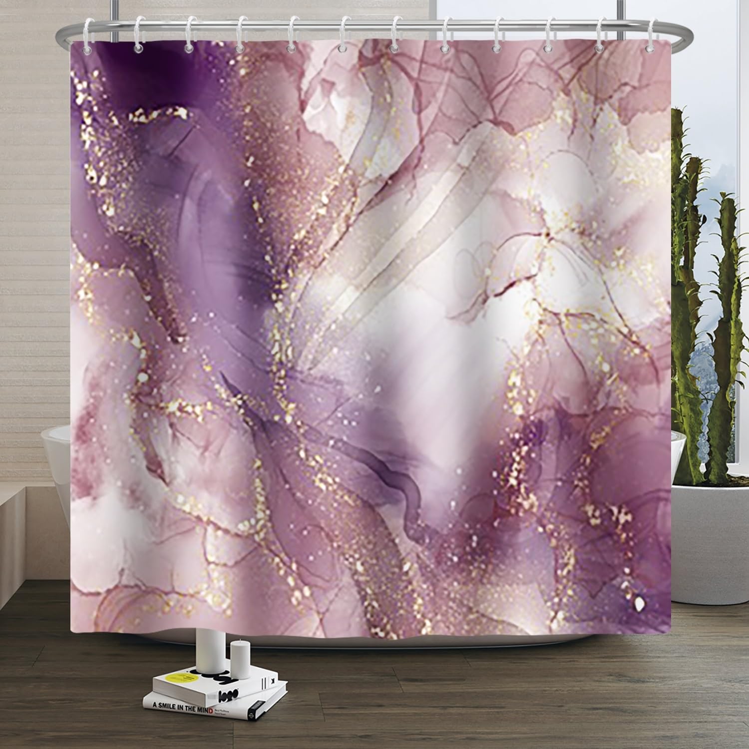 Xiaoterna Marble Shower Curtain Purple Gold Splatter Textile Bathroom Curtain Mixed Purple White Gold Splatter Colourful Marble Shower Curtain Machine Washable Waterproof Fabric 180x180cm