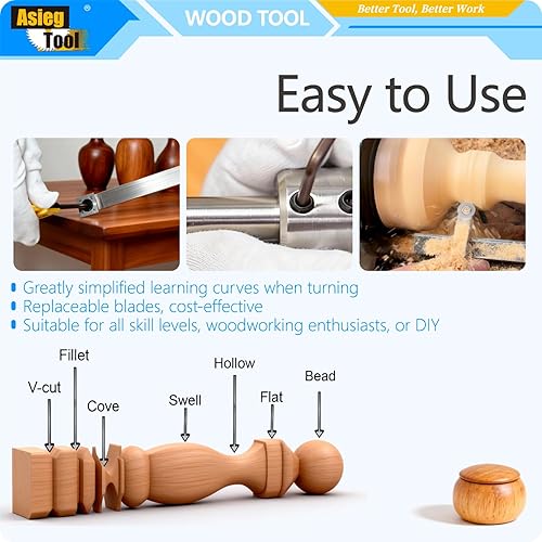 Miniatura 5 de Herramientas de torneado de madera con punta de carburo, 7 piezas, juego de torno, tamaño completo, acabado más áspero, detallador, cuello de cisne,