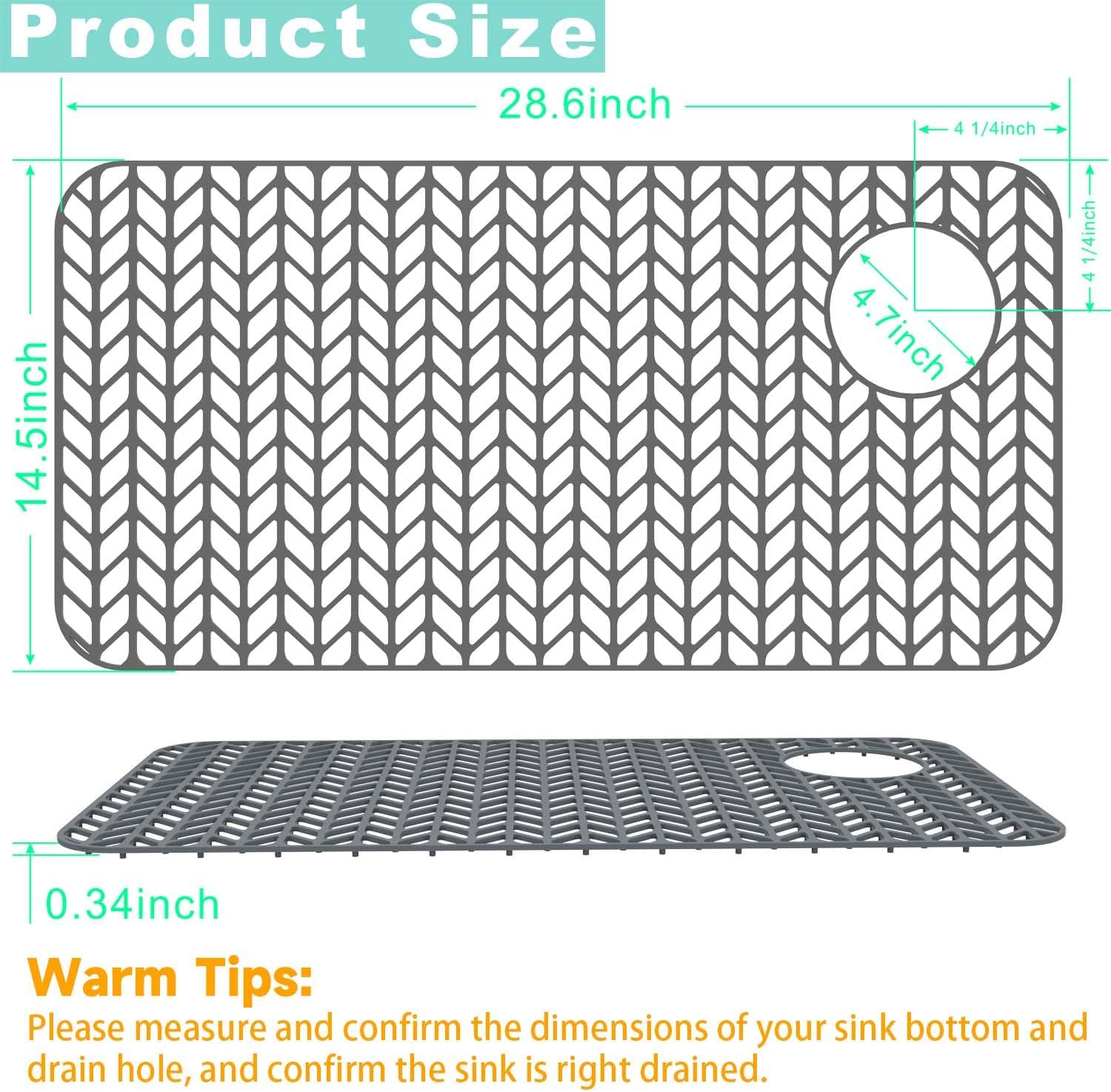 AWOKE Sink Protectors for Kitchen Sink,Kitchen Sink Protector Mat - 28.6" x 14.5" Heat-Resistant Silicone Folding Non-Slip Mat for Stainless Steel Sink with Right Drain (Grey)