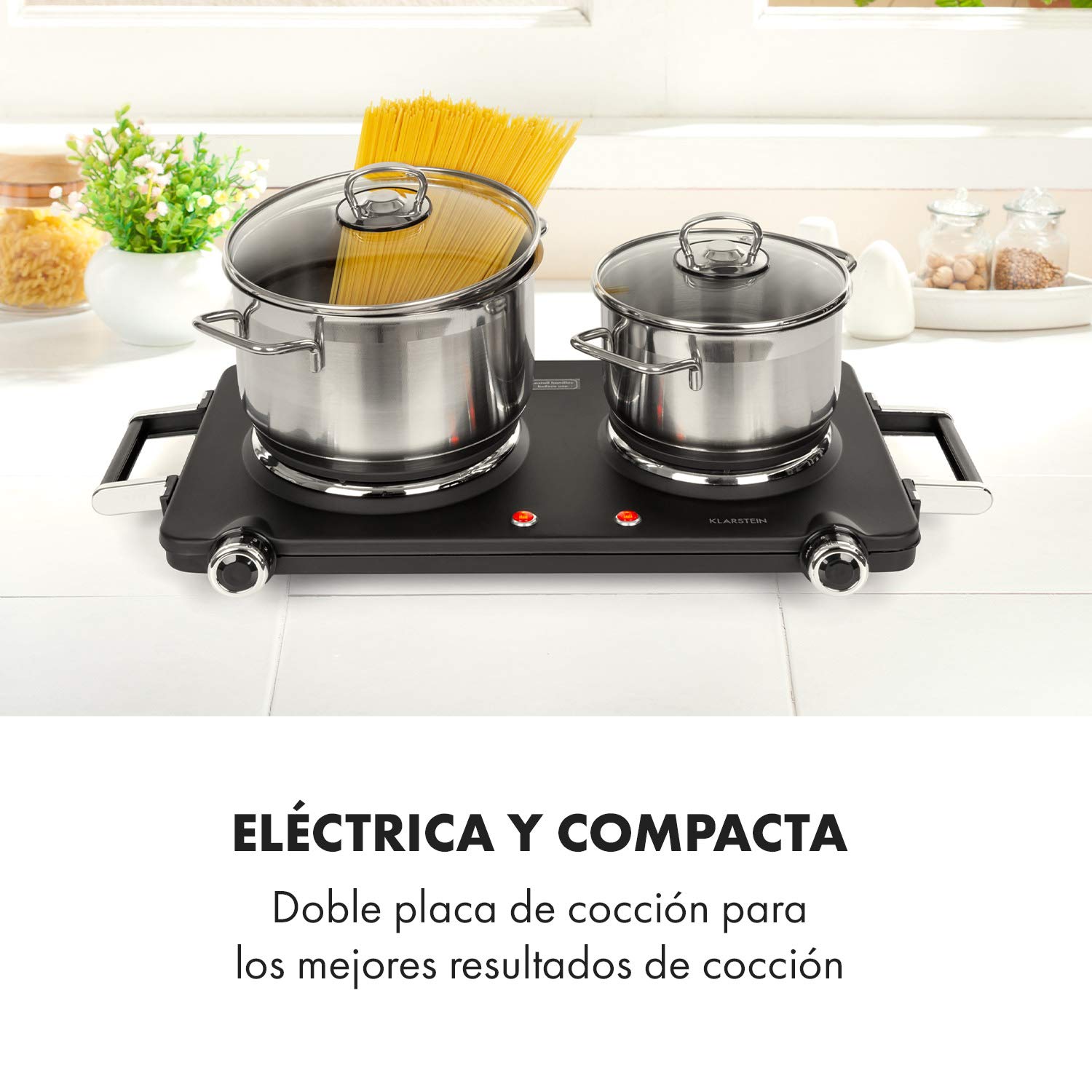 Klarstein Cookorama placa de cocina eléctrica doble - 2250 W, fogones de cocina de 150/180 mm Ø, luces de control, asas, 5 niveles de calor, placas de cocina para camping, negro