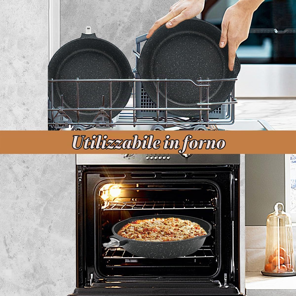 Padella Antiaderente 28cm Aluminium Padelle Professionali con Coperchio per Cucinare, Manico Rimovibile, Tutti Fornelli y induzione, forno sicuro(Nero)