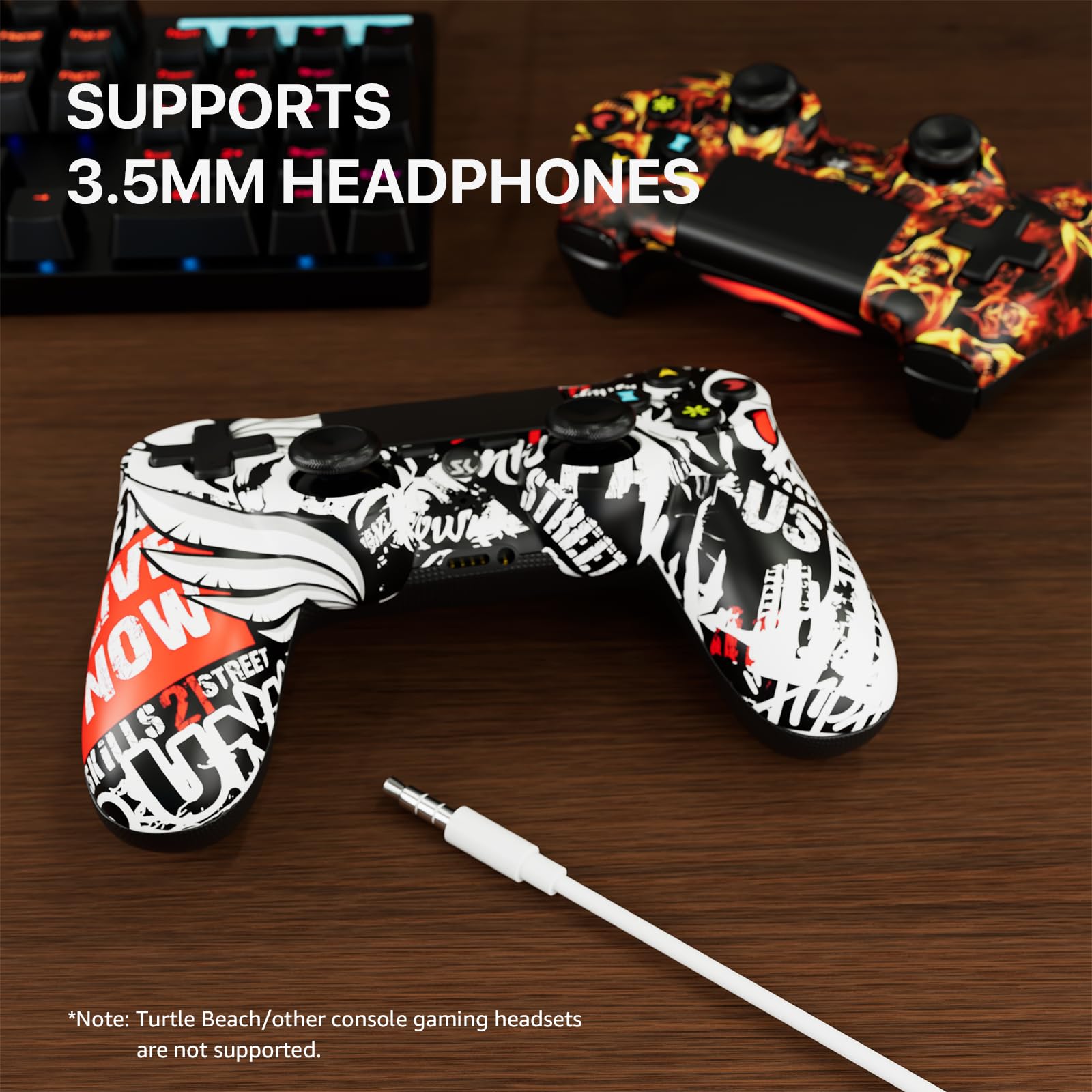 ISHAKO Lot de 2 Manettes Sans Fil pour PS4/Pro/Slim, Manette de Jeu à Motif Crâne Flammes Graffiti avec Haut-Parleur Intégré, Prise Jack 3,5mm, Capteur de Mouvement 6 Axes, Double Vibration