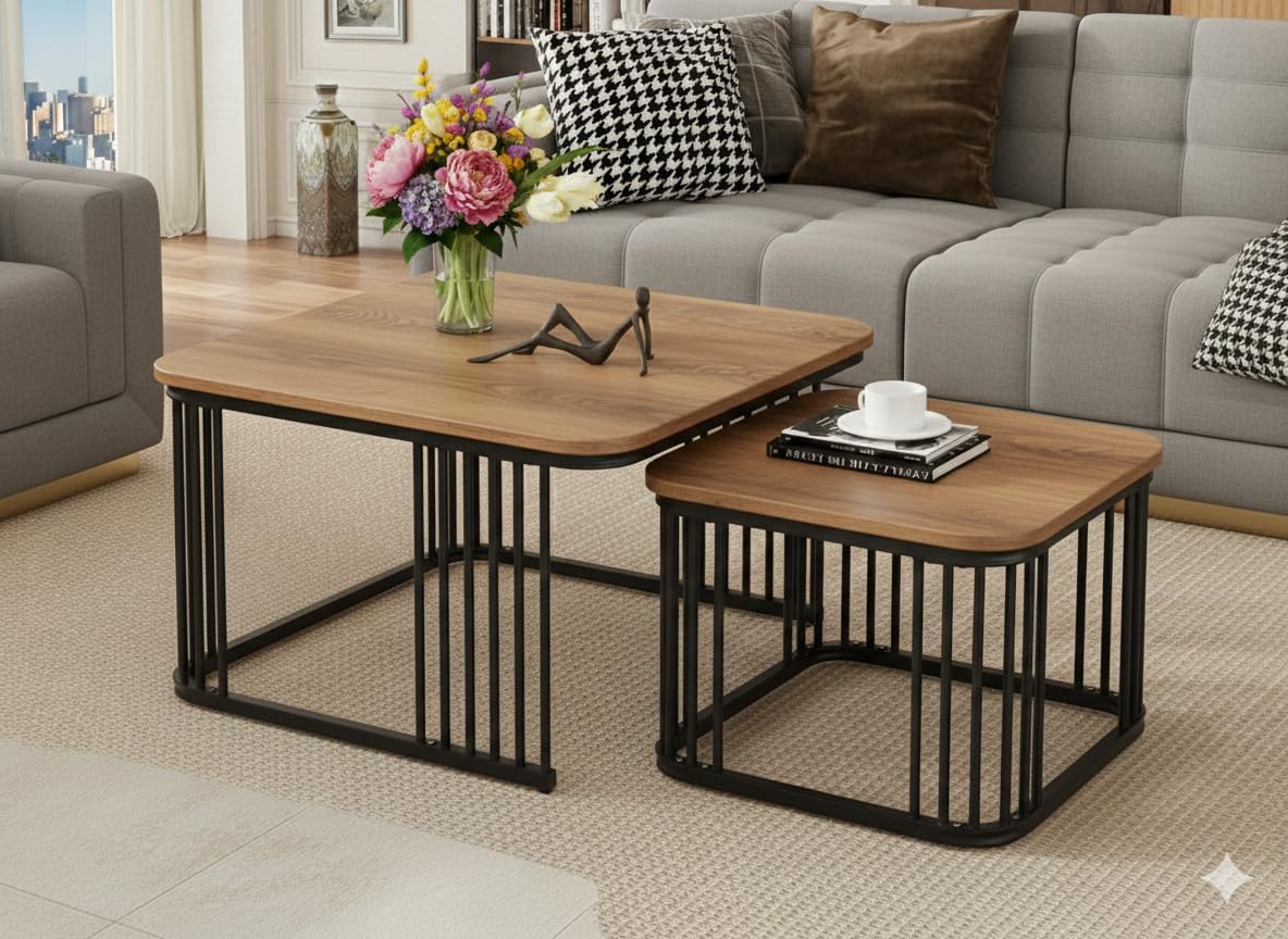 Modern Marble Finish Nesting Coffee Table with Strong Iron Frame & Premium MDF White Top Elegant Square Center Table Side Table for Living Room, Bedroom, Balcony & Reception (Black Brown)-image-27