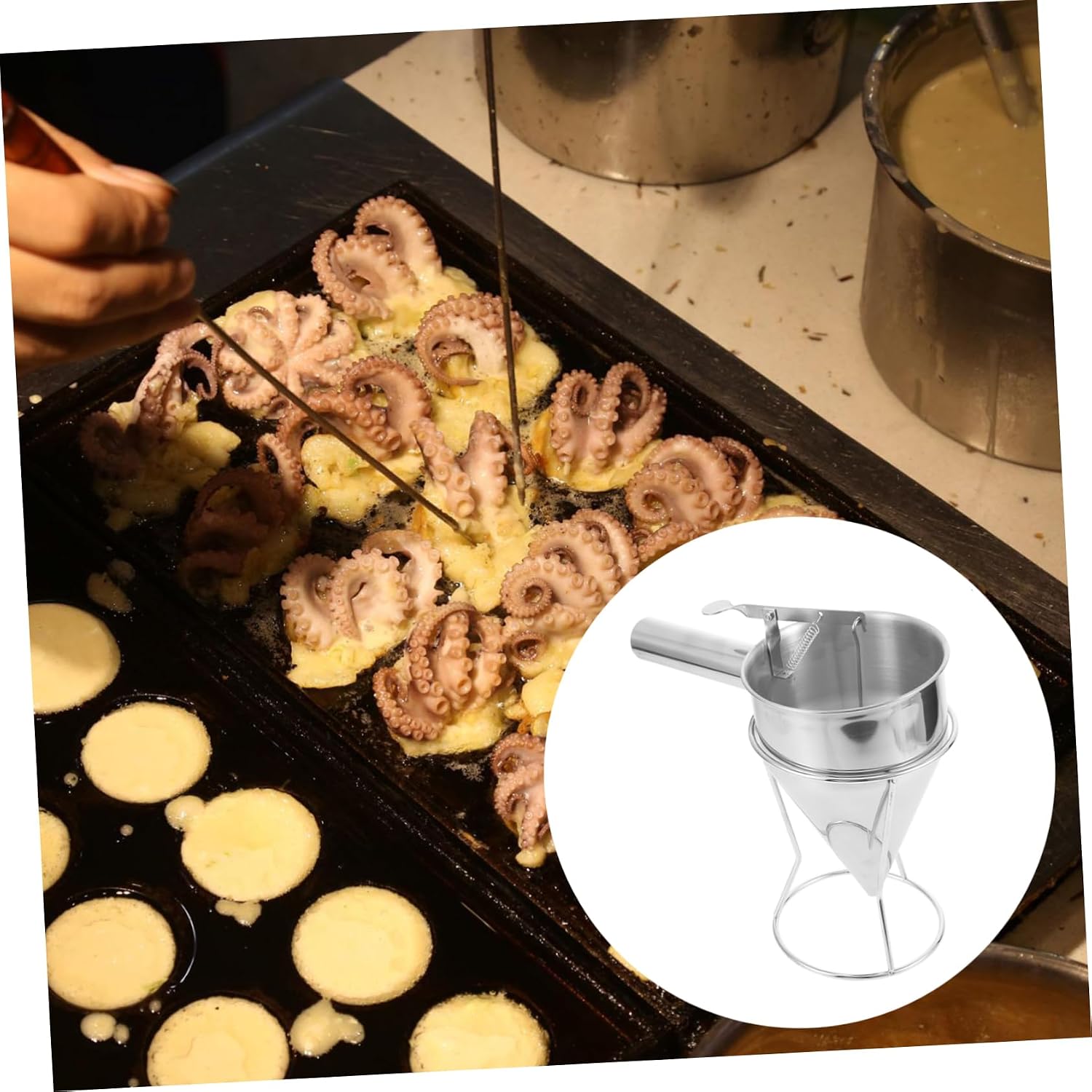 Stainless Steel Funnel Dispenser with Stand Small Kitchen Tool for Syrup and Batter Detachable Design for Easy Filling and Baking for Pancakes and Cakes
