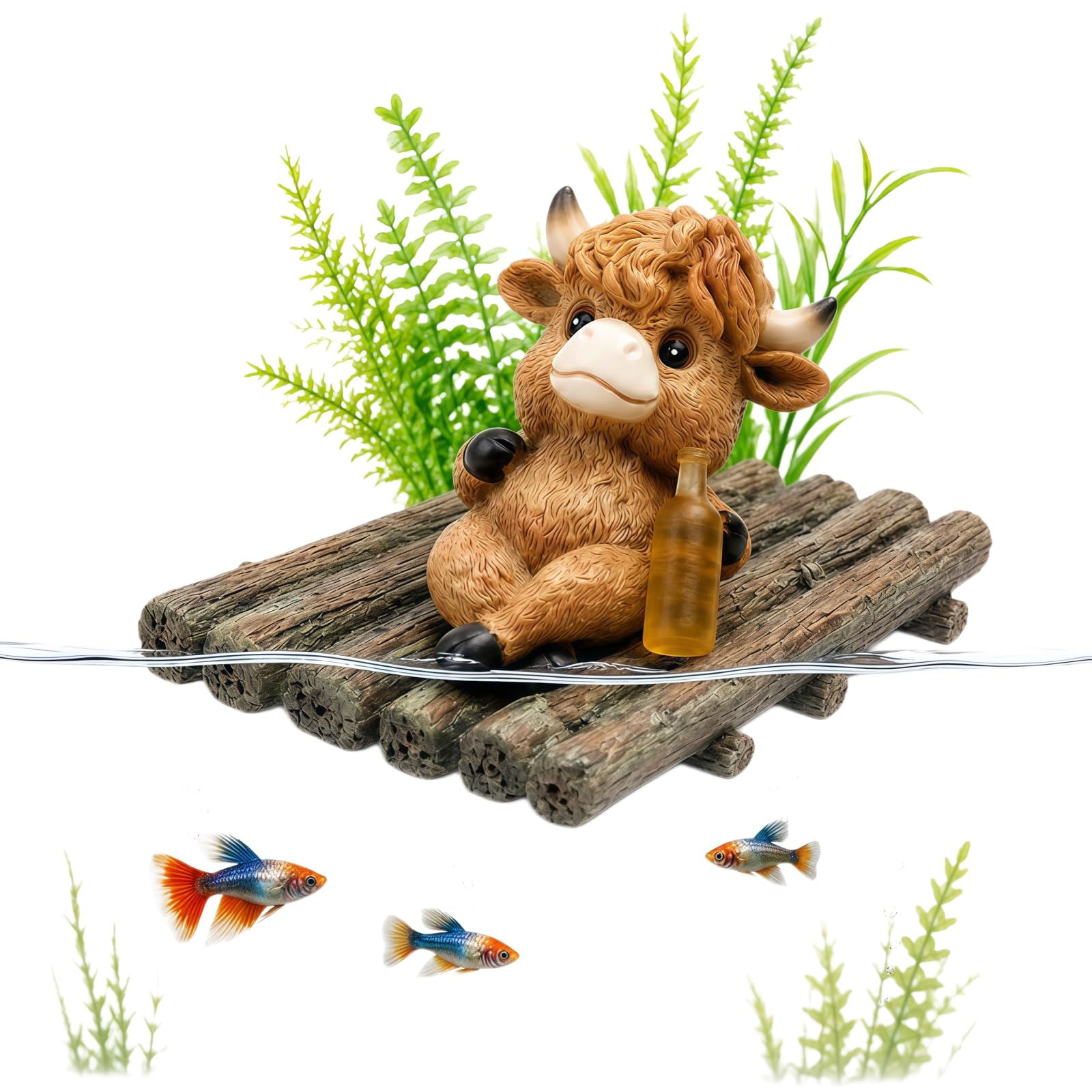 3D Fun Highland Cow Floating Aquarium Decor, Rustic Raft Fish Tank Ornament