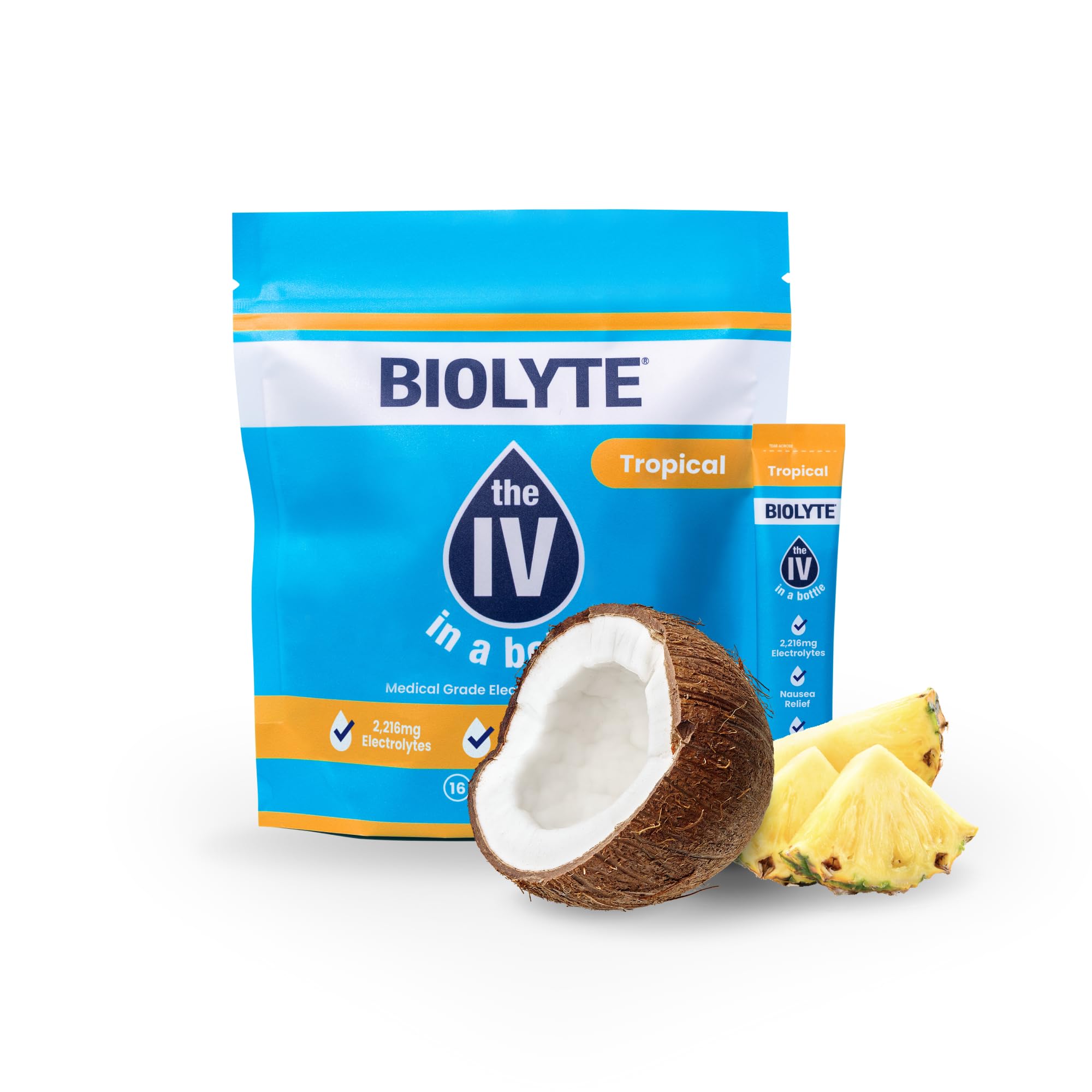 Electrolyte Powder Packets - IV in a Bottle Single-Serving Electrolyte Powder for Rapid Hydration - Tropical, 16-Pack