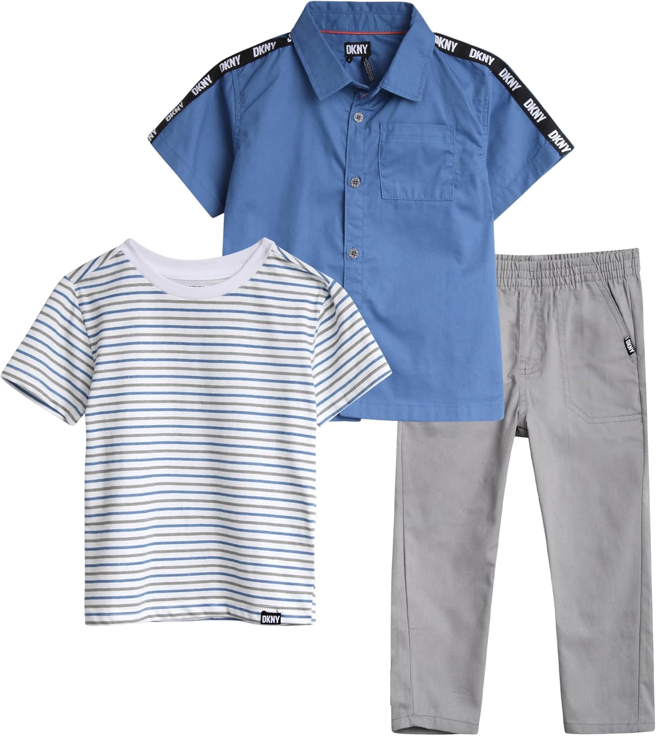 DKNY Toddler Boys Pants Set - 3 Piece Boys Button Down Shirt, Crew Neck Short Sleeve T Shirt, and Denim Jeans