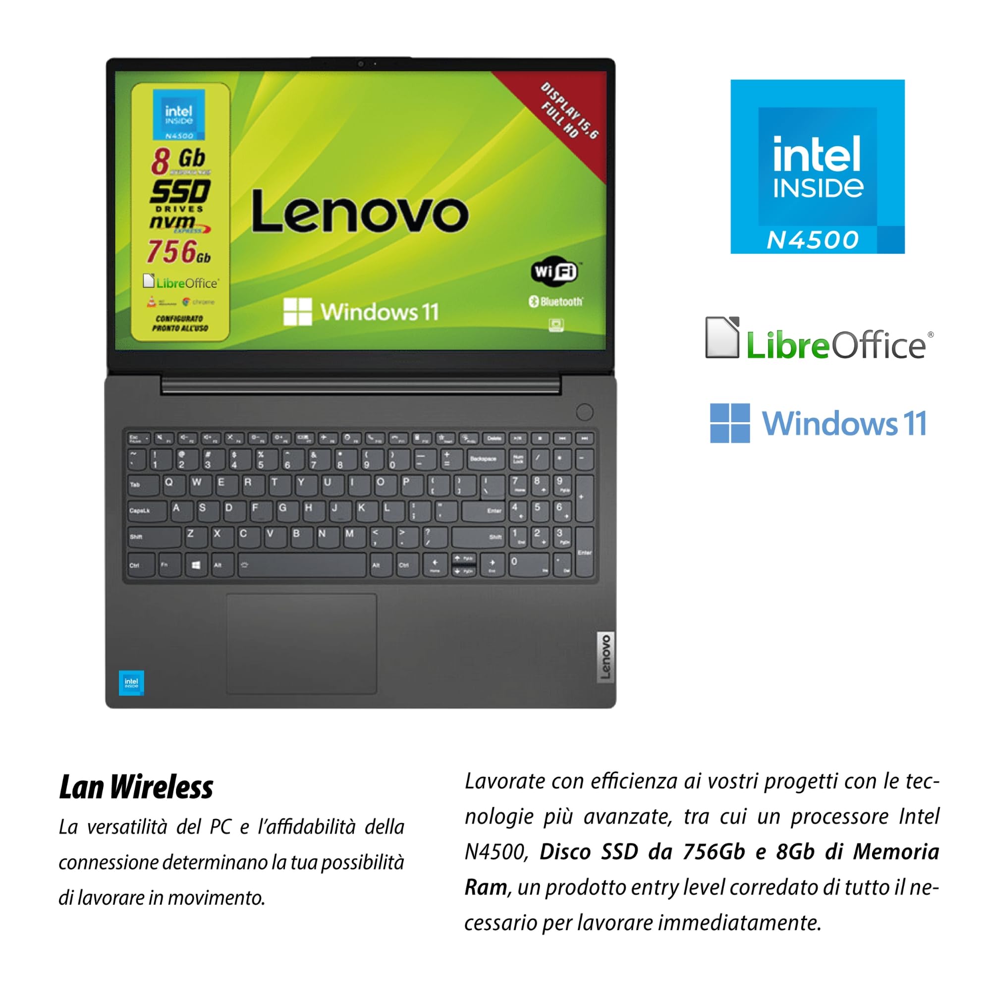 Lenovo, Pc portatile notebook pronto all'uso, Display FHD da 15,6", cpu N4500, ram 8Gb, sshd 756Gb, windows 11 pro, computer portatile con pacchetto Libre Office