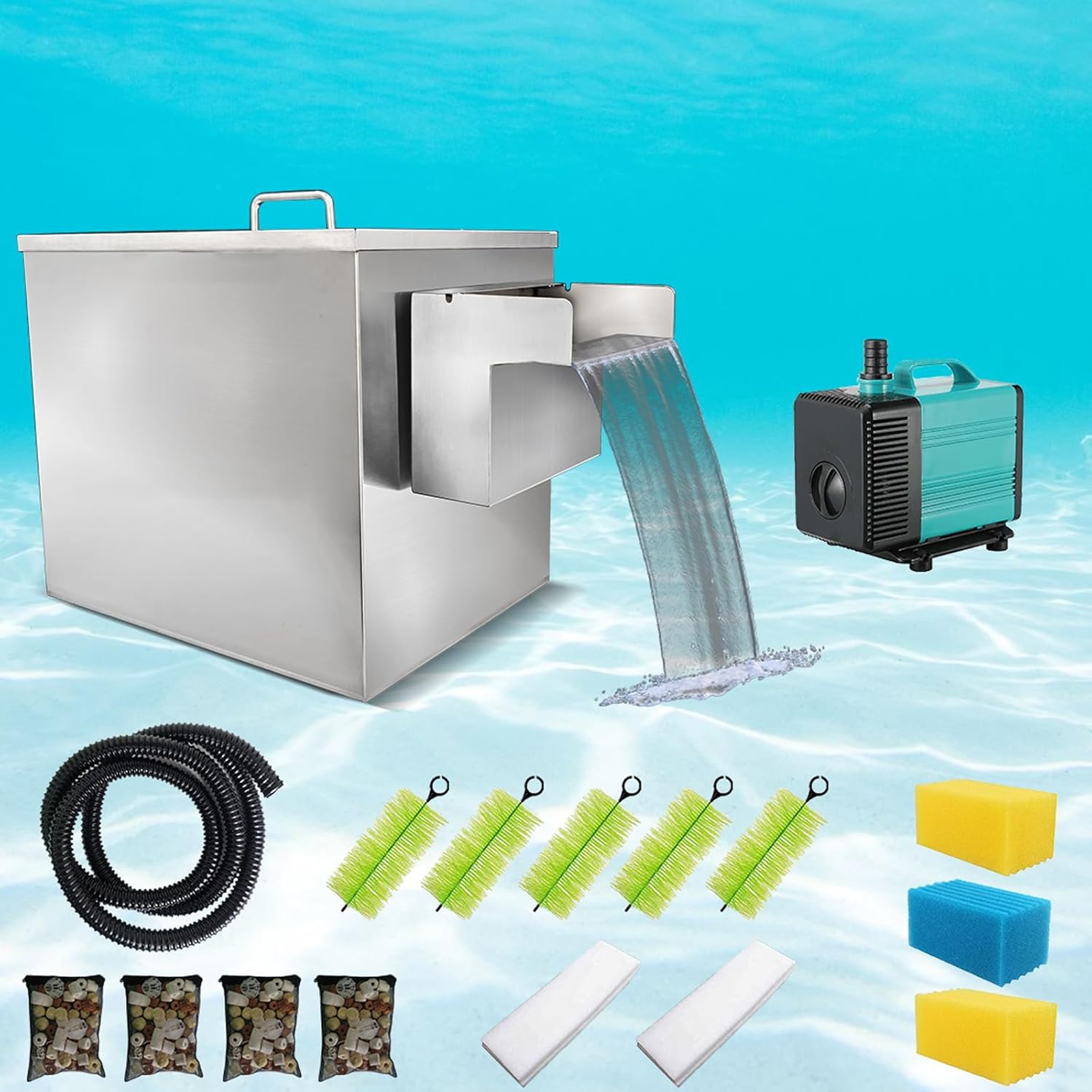 Carefree Fish Koi Pond Filter Box Stainless Steel Garden Water Waterfall Filtration Outdoor Horse Equipment Pool Filter System with Water Pump(Patent No.:US D1067273S) 500~3000Gal