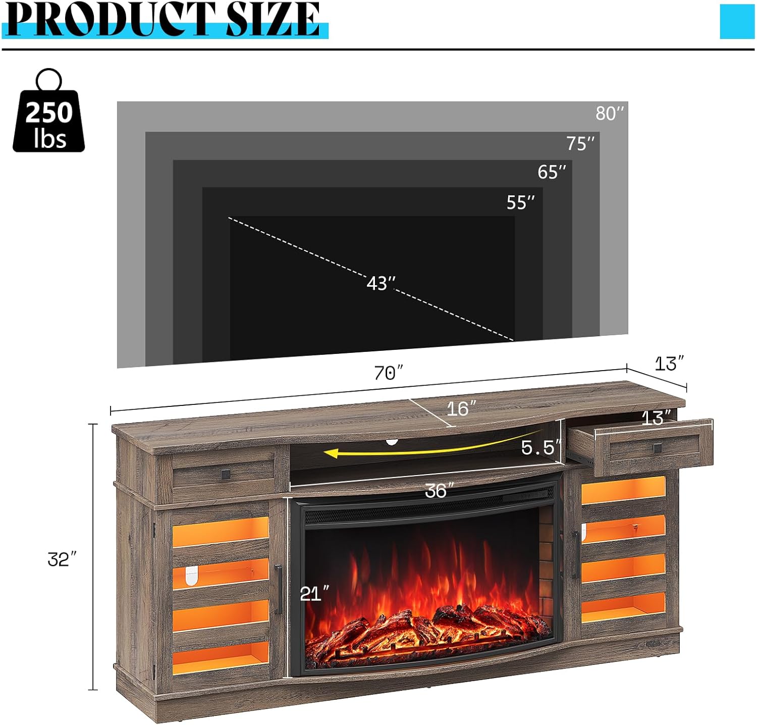 70" Farmhouse Curved Fireplace TV Stand, LED Light Entertainment Center Table with 36'' Upgrade Electric Fireplace TV Console Cabinet for TVs Up to 80", Wash Grey