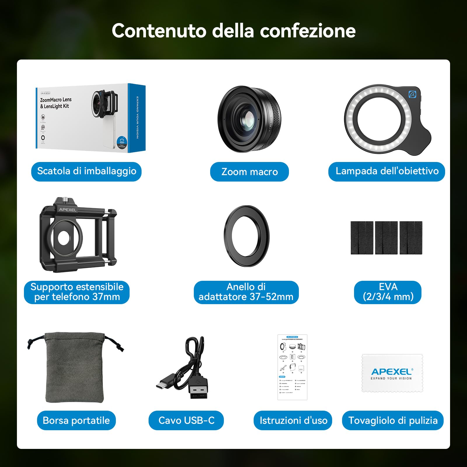 10-20x Obiettivo Zoom Macro con Clip universale per Obiettivo, Macro HD per iPhone e Telefoni Android,Set di Obiettivi Zoom con Luce di Riempimento per Smartphone