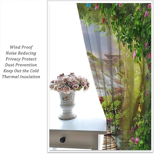 Miniatura 5 de Cortinas de bosque verde encantado de fantasía, bosque con flores rosadas, mariposas, camino a cascada, opacas con bolsillo para barra, cortinas