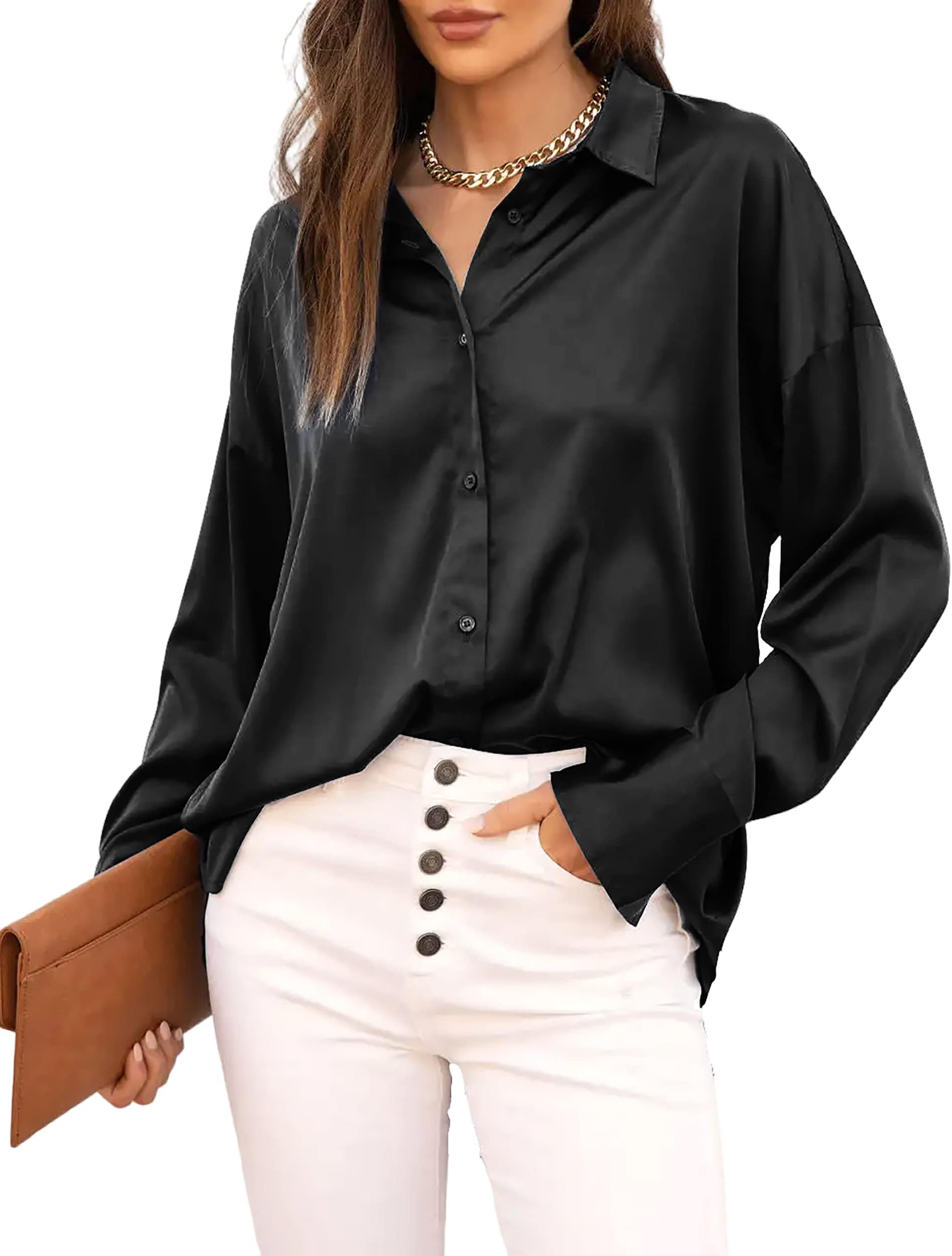 JhsnjnrWomen's Button Down Shirt Long Sleeve Tops Casual Loose Office Silk Satin Blouses