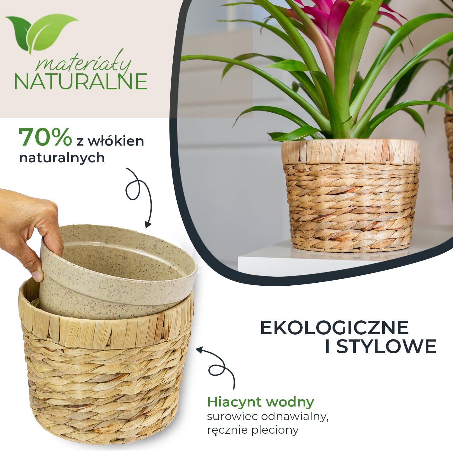HMF Innowacyjna doniczka pleciona z hiacyntu wodnego, z wkładem z materiałów przyjaznych dla środowiska, okrągła | 19 cm średnicy