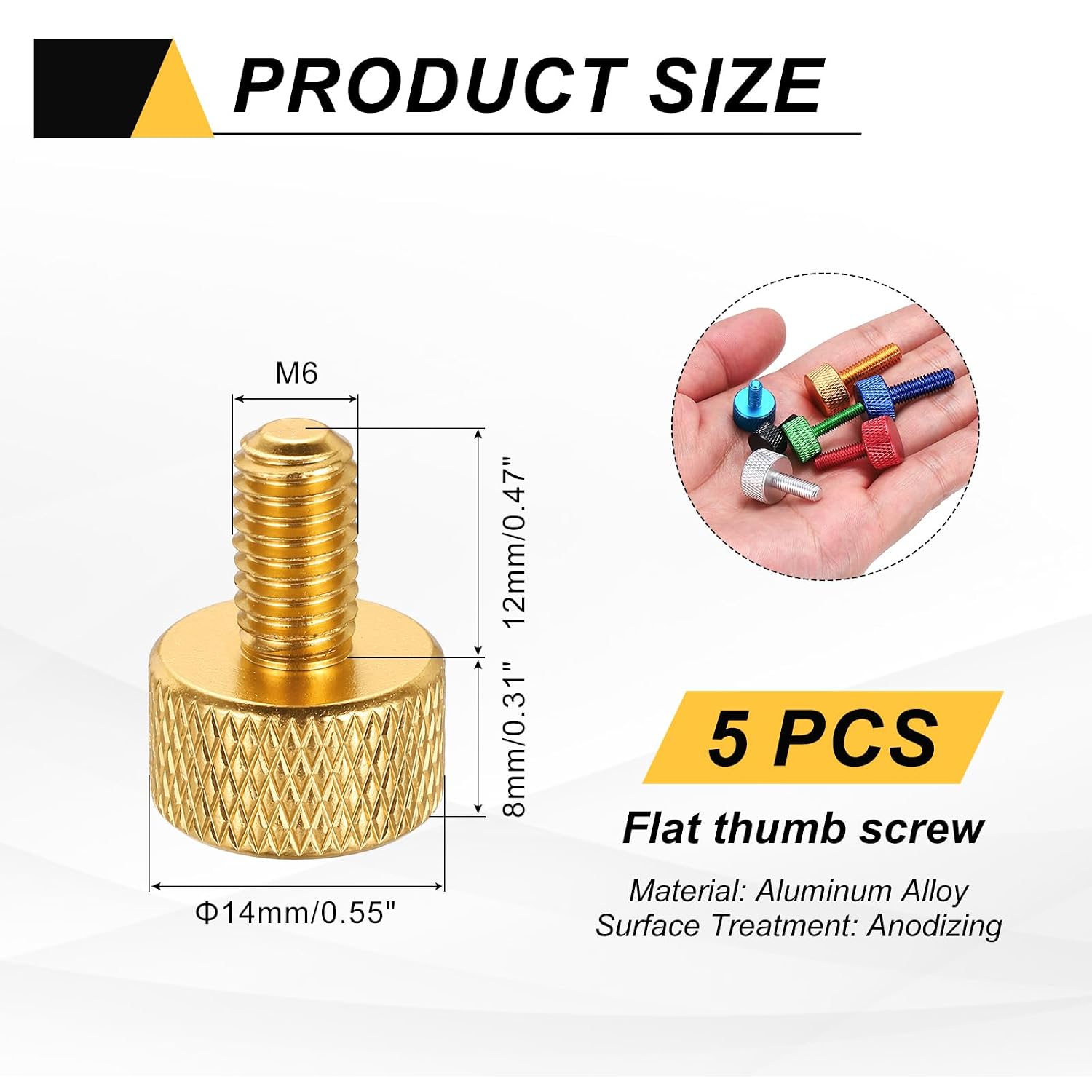 MECCANIXITY 5 Pcs M6x12mm Flat Head Knurled Thumb Screws, Solid Aluminum Alloy Fully Threaded Thumbscrew Bolts Fasteners for PC Computer Cases Graphics Card, Gold