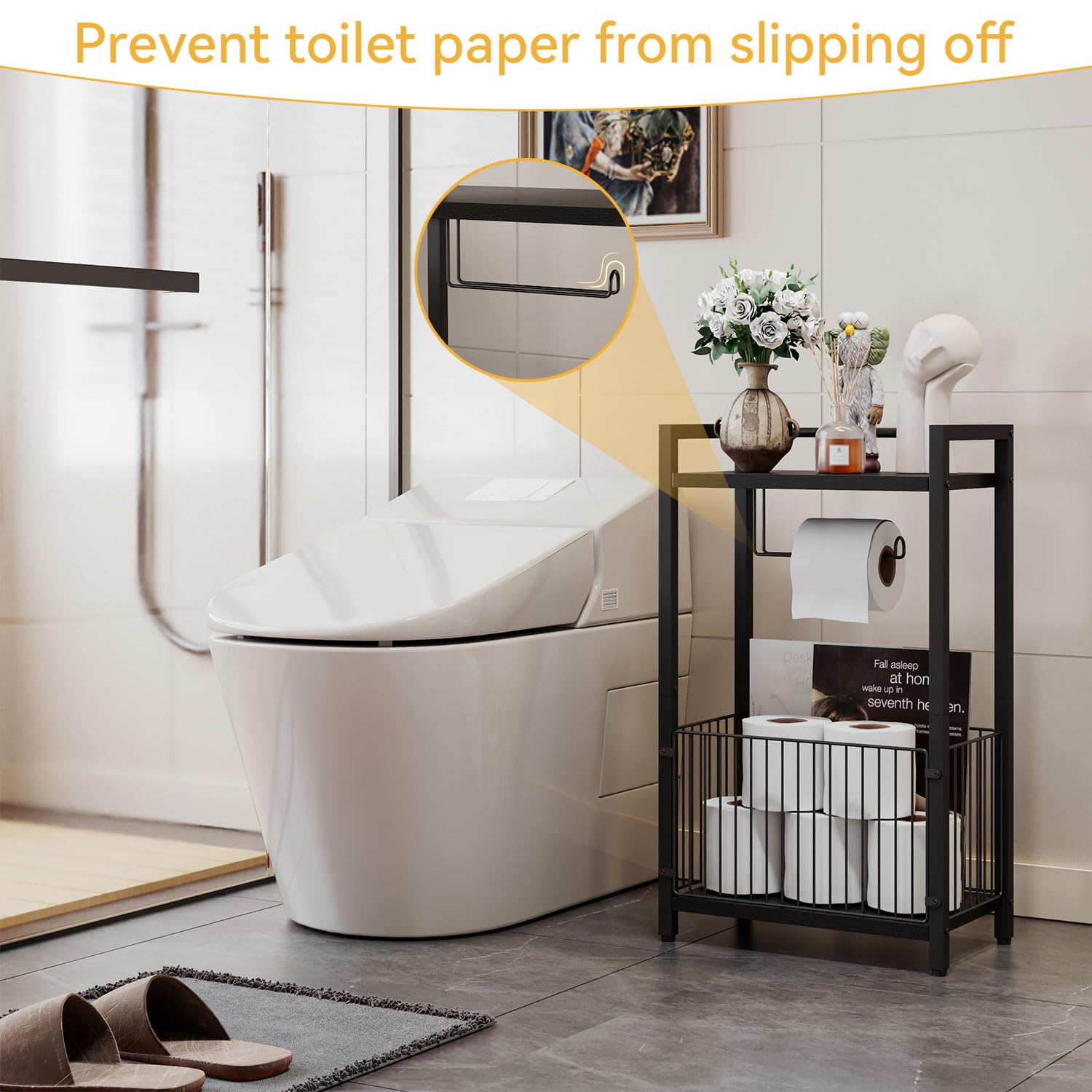 IBUYKE Aufbewahrungswagen für das Badezimmer, freistehender Toilettenpapierhalter mit Ablagen für Toilettenpapier, Handys und Feuchttücher – schmale Ablage für Badezimmer, Wohnzimmer und Küche TLJ020B